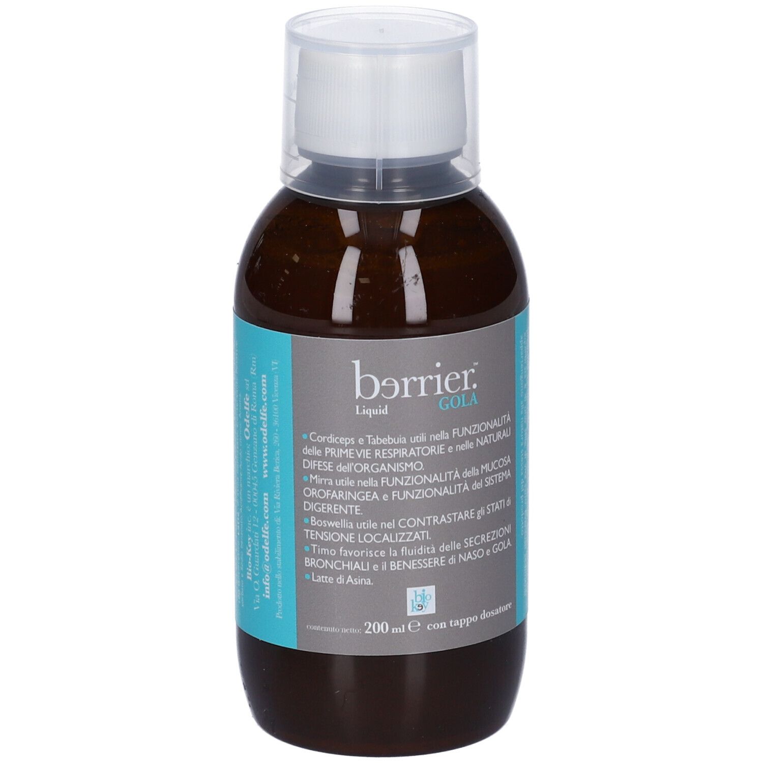 Liquido marrone in bottiglia con tappo bianco. Scritta: bərrier. GOLA Liquid. Etichette blu con testo.