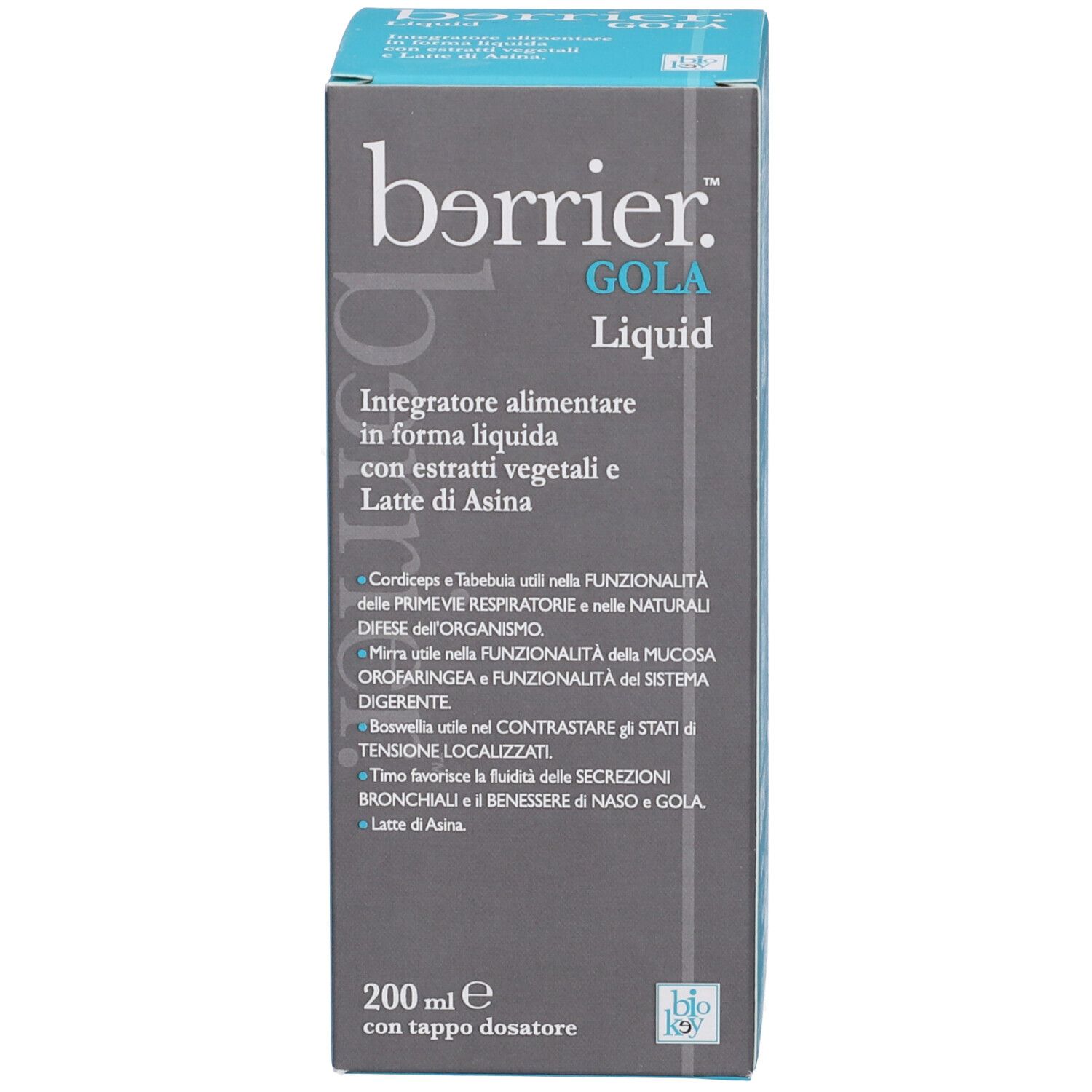 Confezione del prodotto. Scritta: bərrier. GOLA Liquid. Confezione blu con testo.