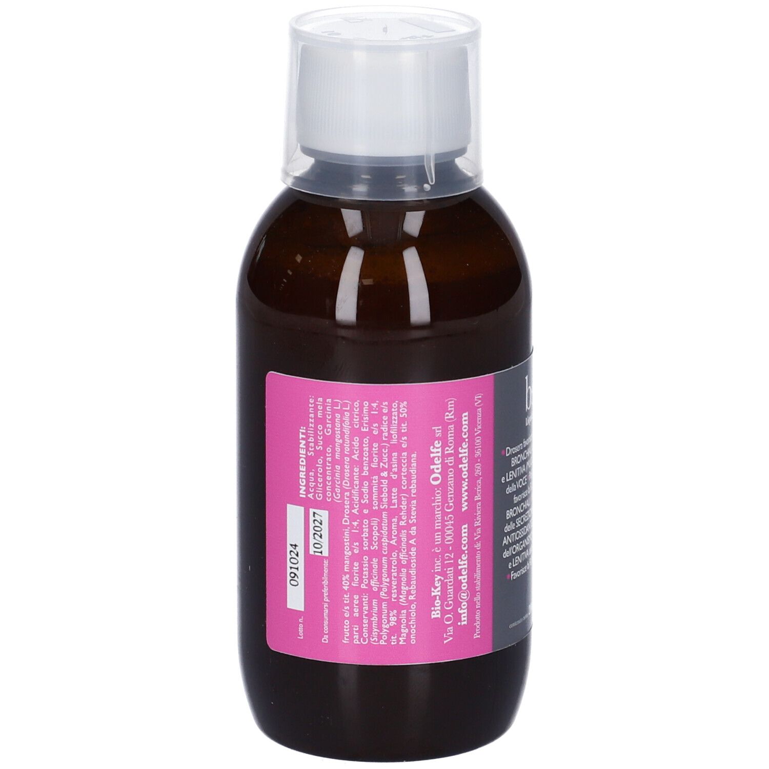 Bottiglia marrone con tappo bianco. Retro con etichetta rosa, ingredienti e informazioni produttore.