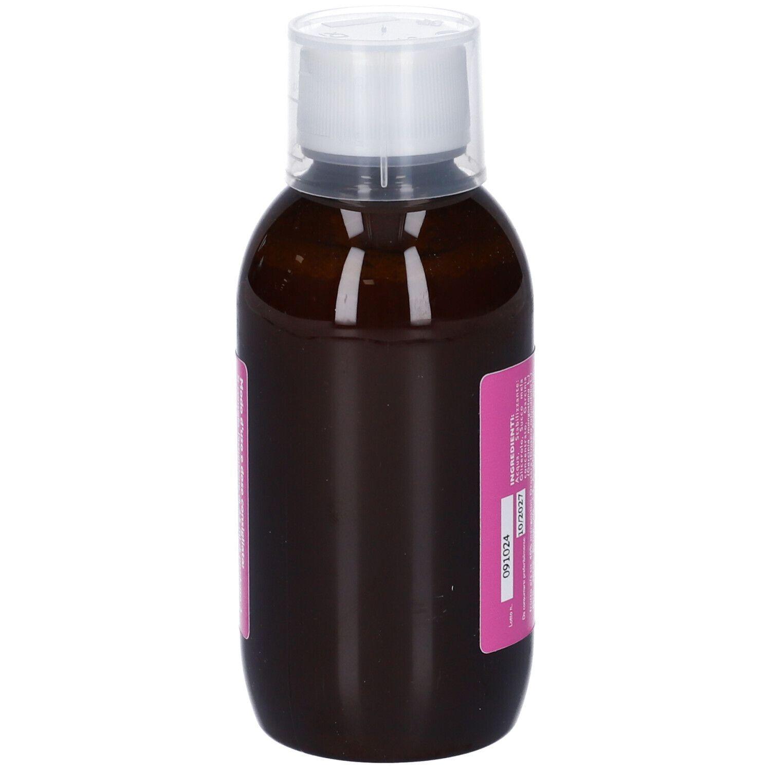 Bottiglia marrone con tappo bianco. Etichetta rosa sul lato. Nessun altro dettaglio visibile.