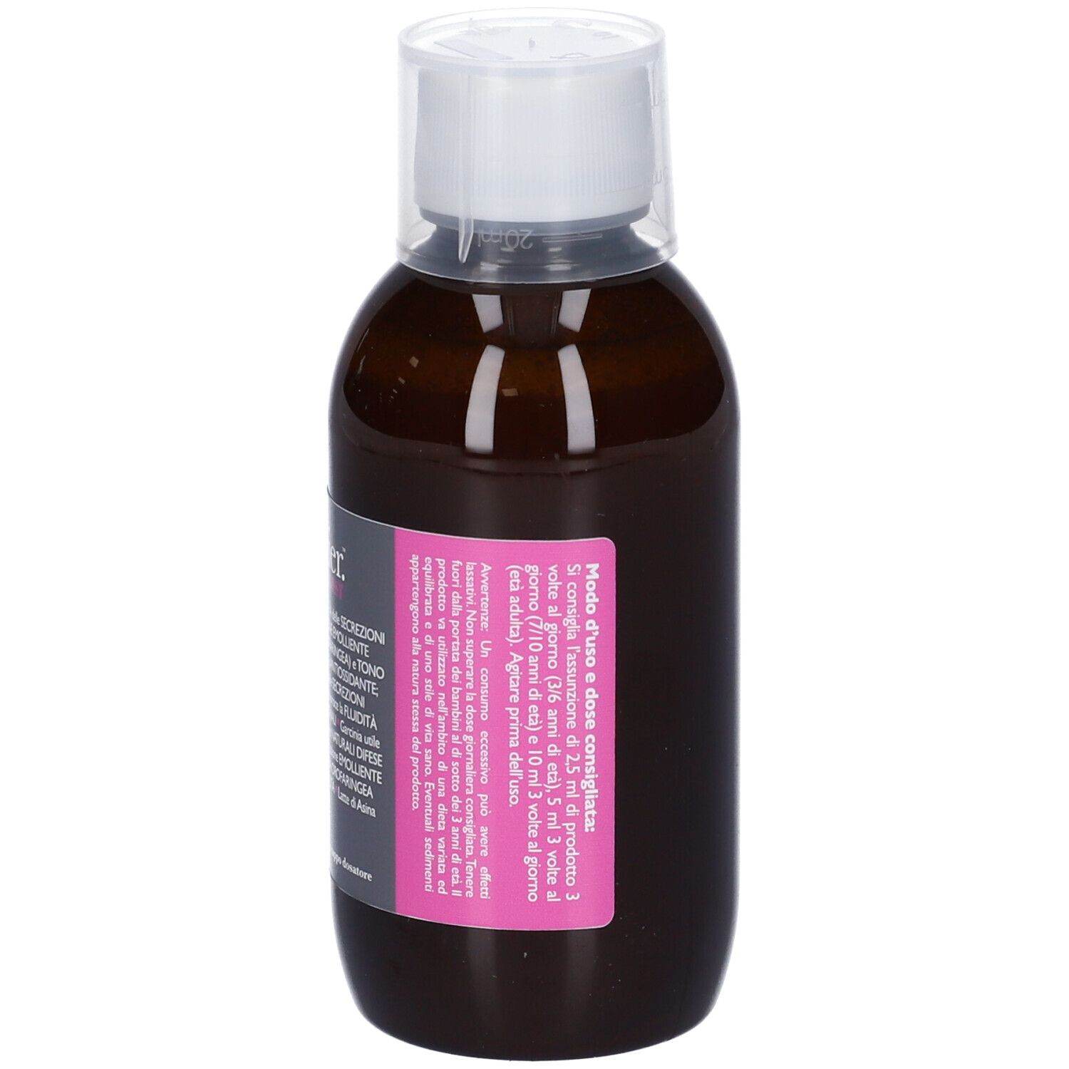 Bottiglia marrone con tappo bianco. Etichetta rosa con istruzioni per il dosaggio. Nessun altro dettaglio.
