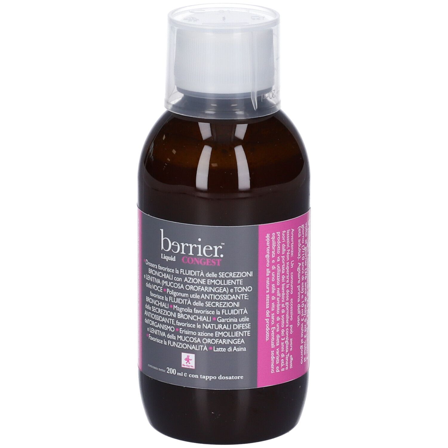 Bottiglia marrone con tappo bianco. Etichetta rosa con informazioni prodotto e nome del marchio.