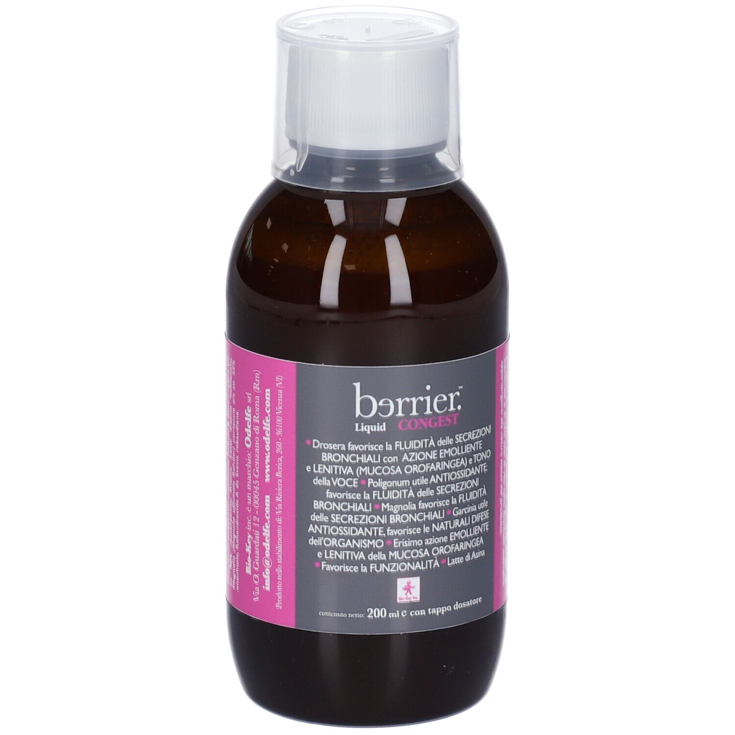 Bottiglia marrone con tappo bianco. Etichetta rosa con informazioni prodotto e nome del marchio.