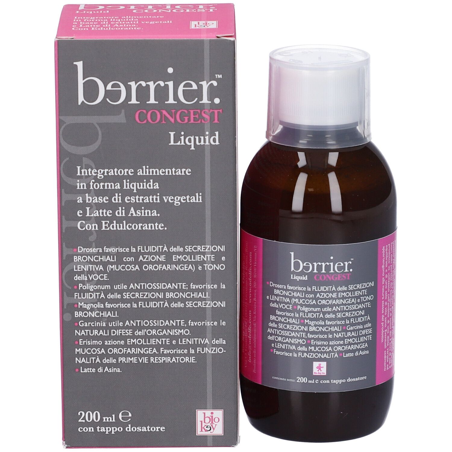 Bottiglia e confezione del prodotto. Bottiglia con tappo bianco, etichetta rosa. Scatola con nome e informazioni.