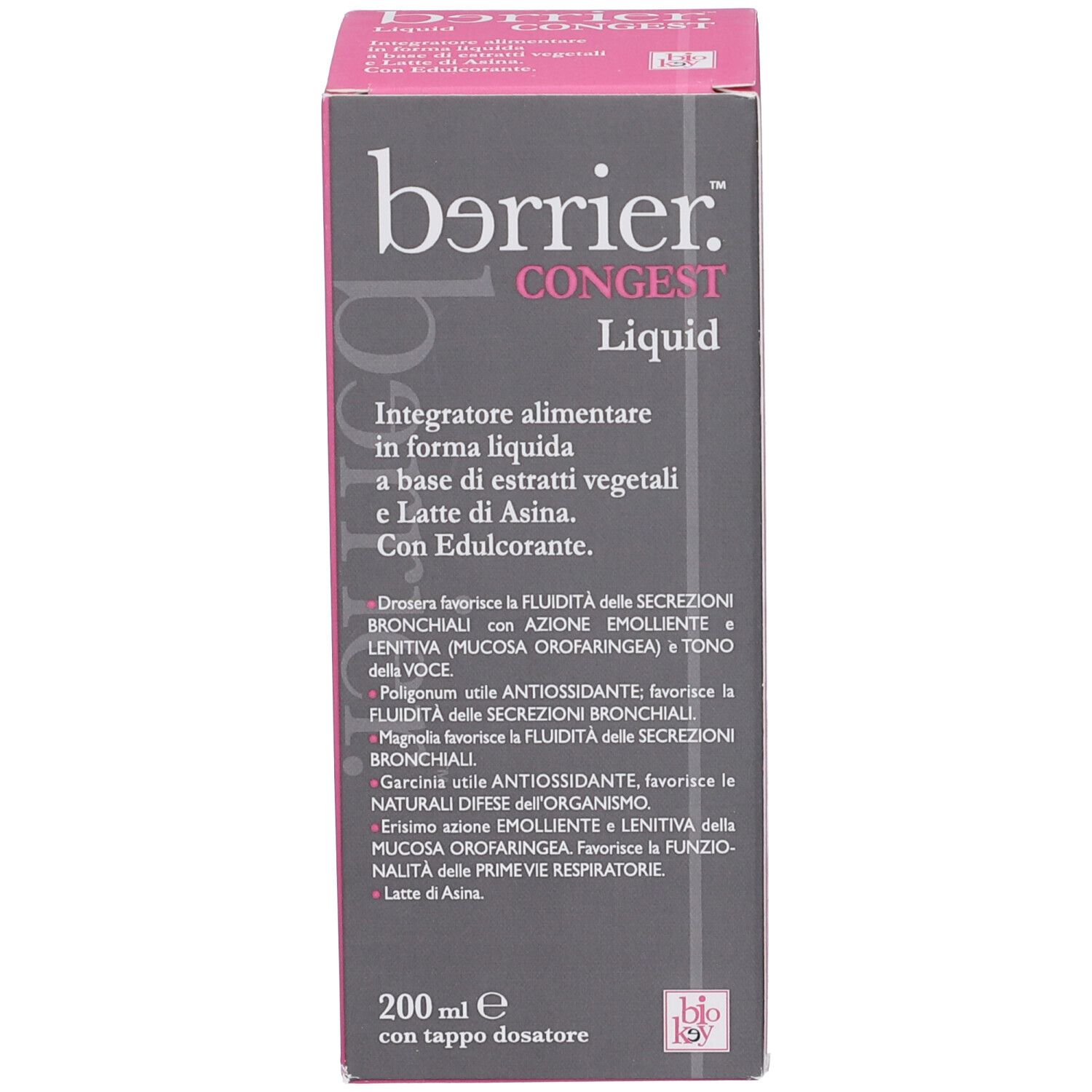 Confezione del prodotto. Scatola rosa con nome e informazioni. Nessuna bottiglia visibile.