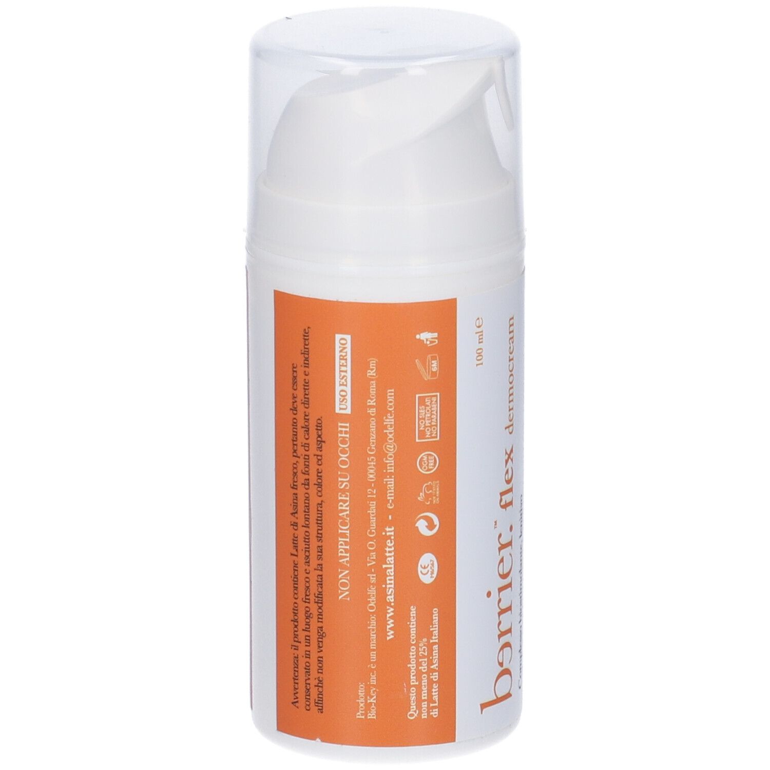 Flacone bianco con dosatore. Scritta: barrier. flex dermocream. Striscia arancione con testo. 100 ml.