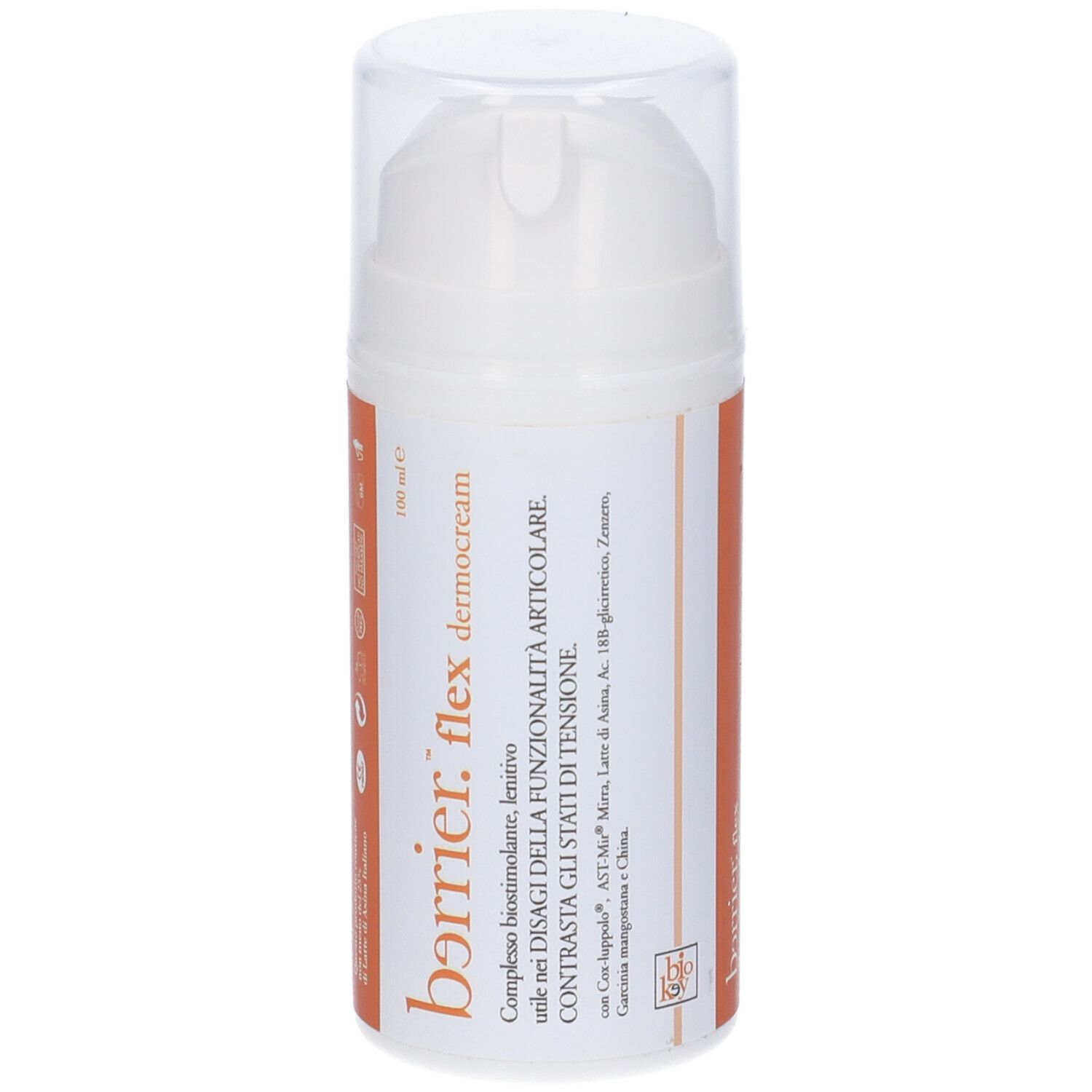 Flacone bianco con dosatore. Scritta: barrier. flex dermocream. Striscia arancione con testo. 100 ml.