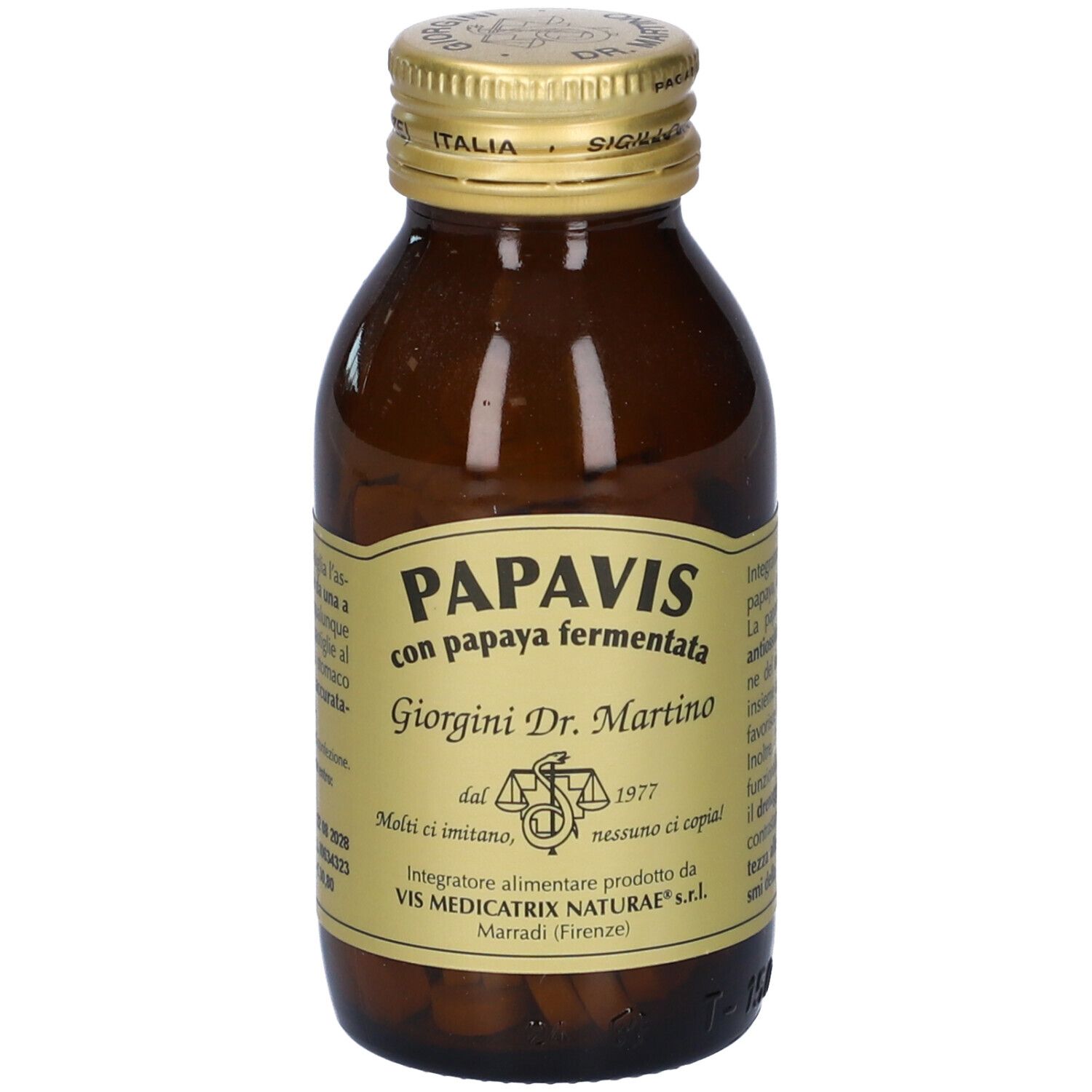 Bottiglia di vetro marrone con tappo dorato. Etichetta con nome del prodotto Papavis, ingredienti e informazioni del produttore. Compresse visibili.