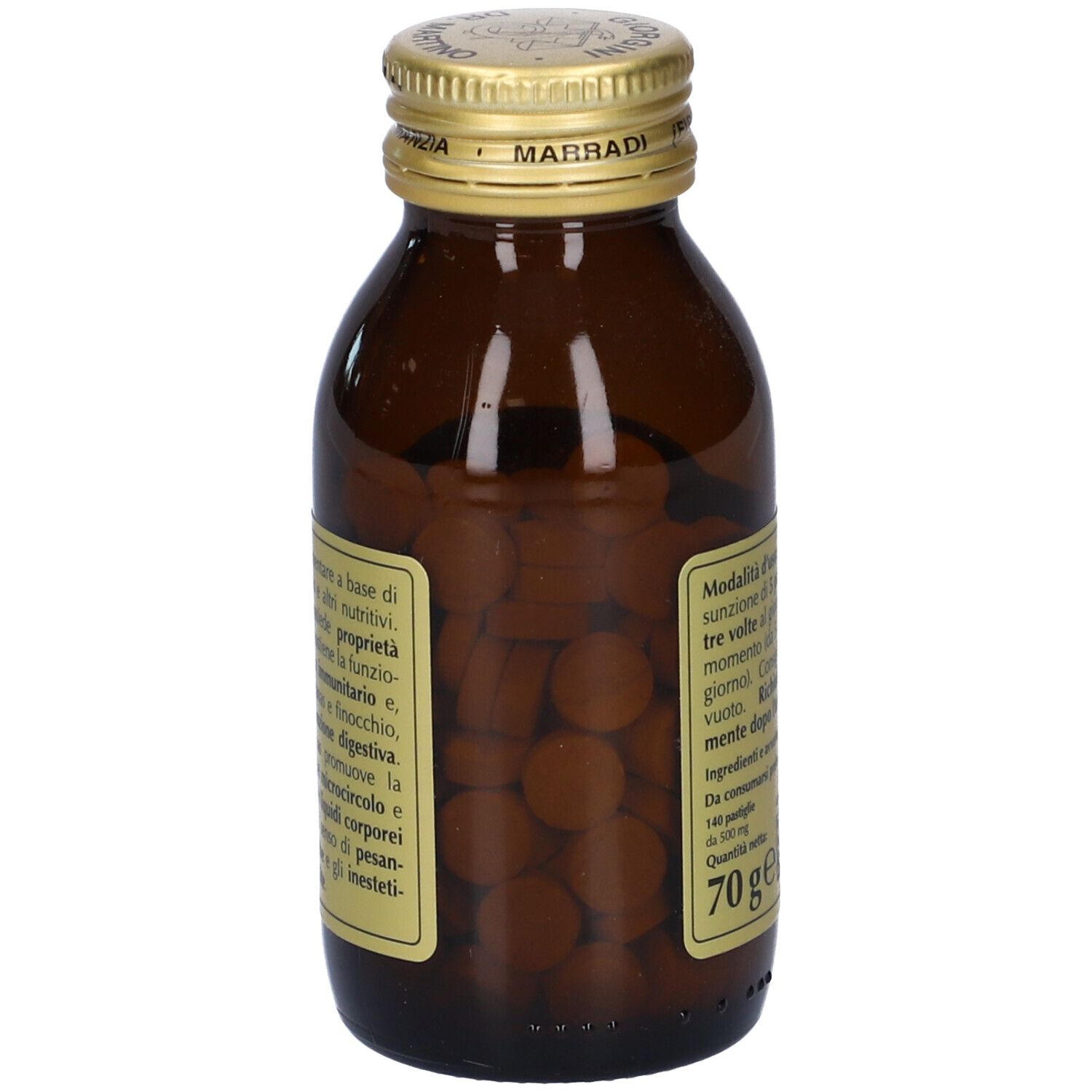 Bottiglia di vetro marrone con tappo dorato. Etichetta con informazioni sul prodotto, ingredienti e dosaggio. Compresse visibili.
