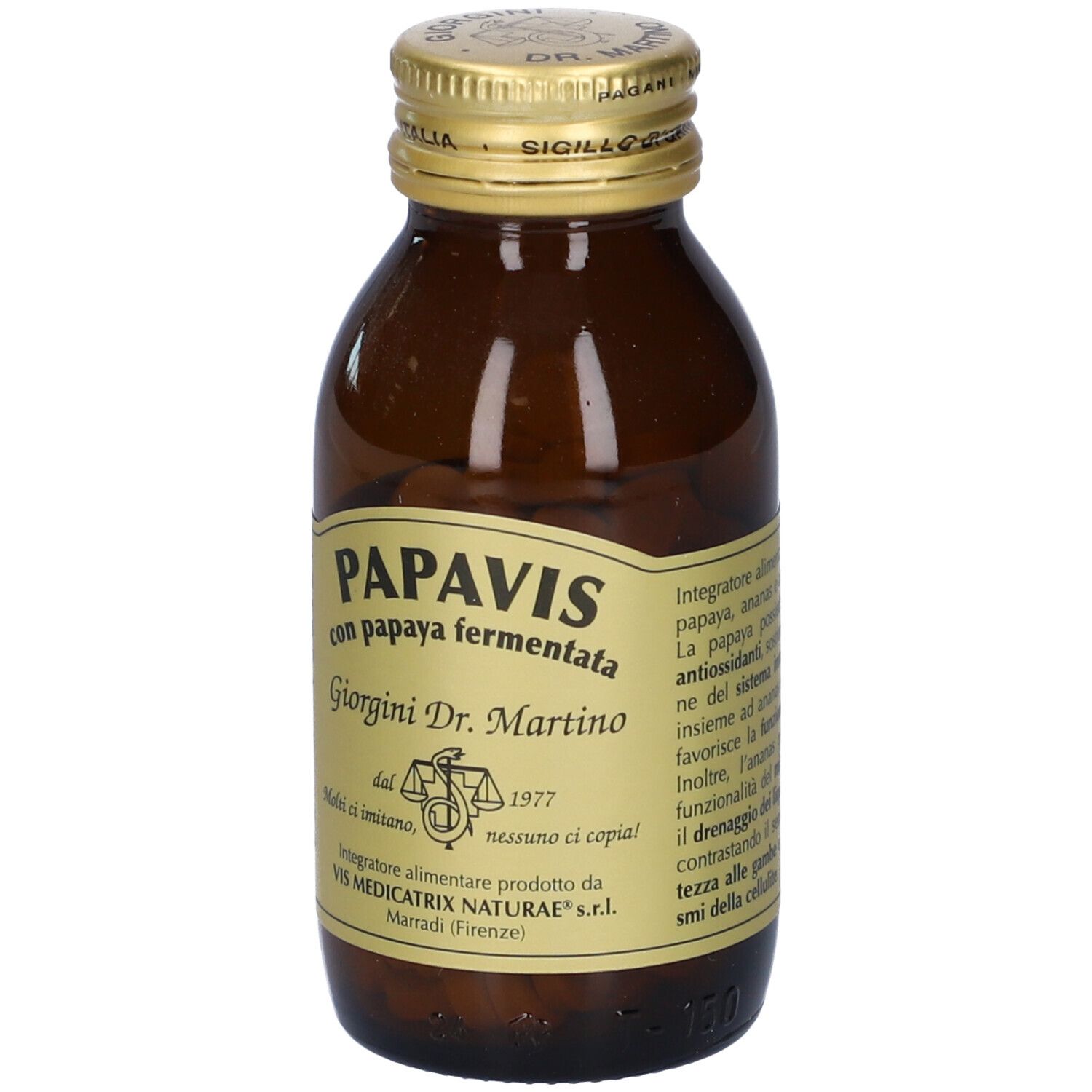 Bottiglia di vetro marrone con tappo dorato. Etichetta con nome del prodotto Papavis, ingredienti e informazioni del produttore. Compresse visibili.