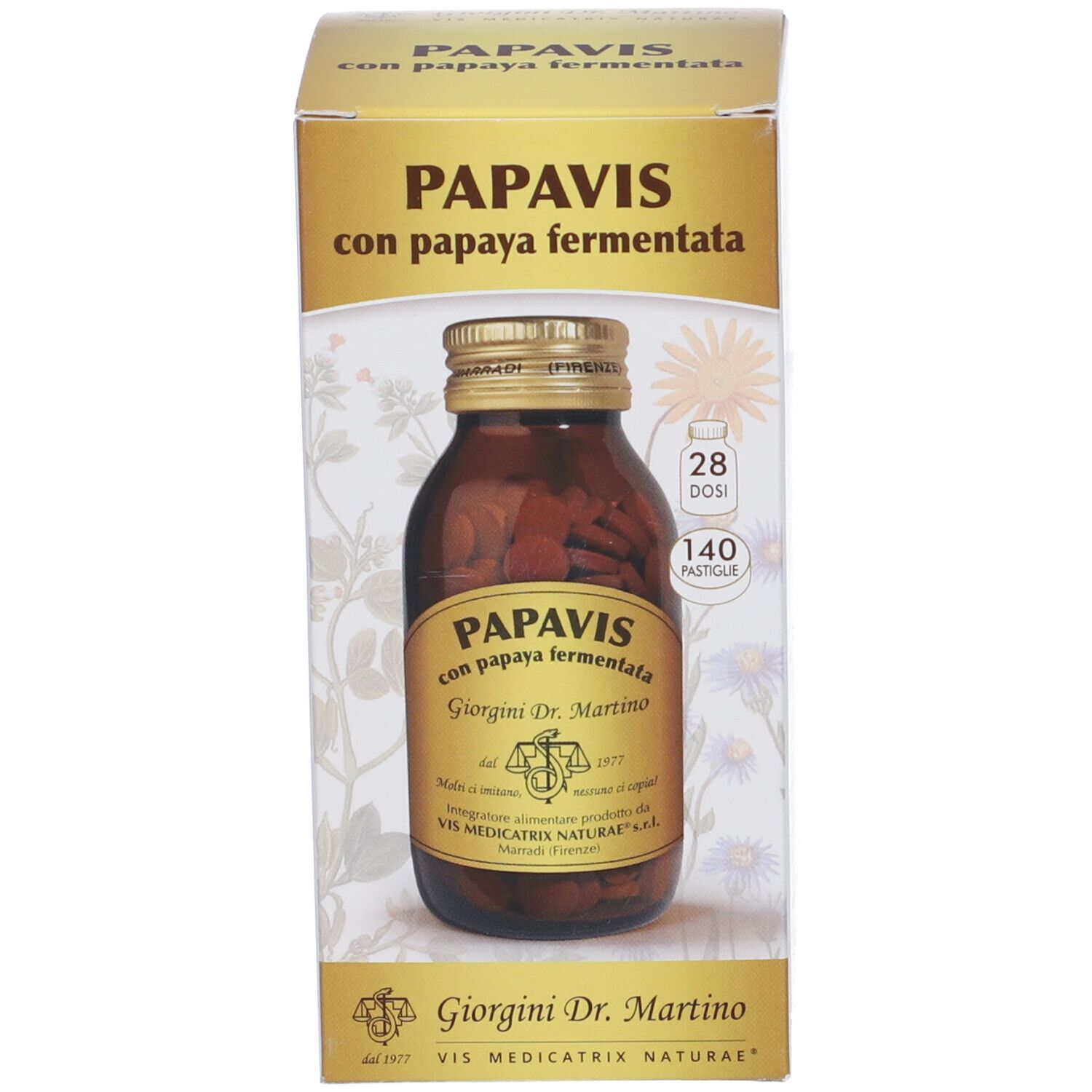 Confezione di Papavis 140 Pastiglie. Nome del prodotto, bottiglia e informazioni sulla confezione. Bottiglia di vetro marrone con tappo dorato.