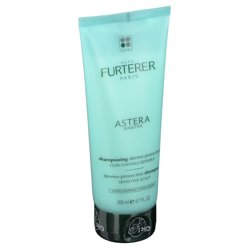 Tubo di shampoo azzurro. Marchio, logo e nome del prodotto. Tappo nero. Indicazione del volume.