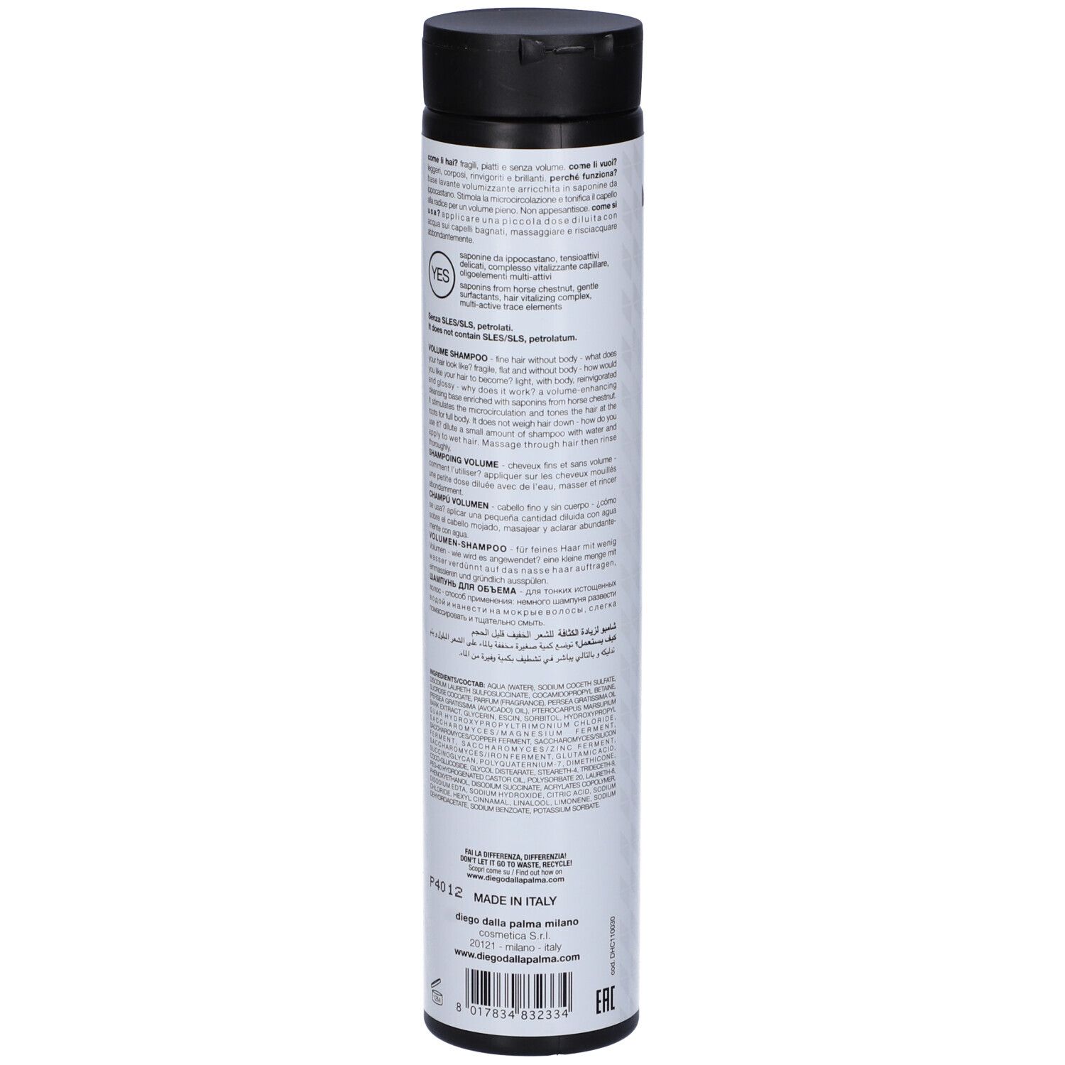 Retro del flacone di shampoo. Testo multilingue. Tappo nero. Sfondo bianco con triangoli neri.