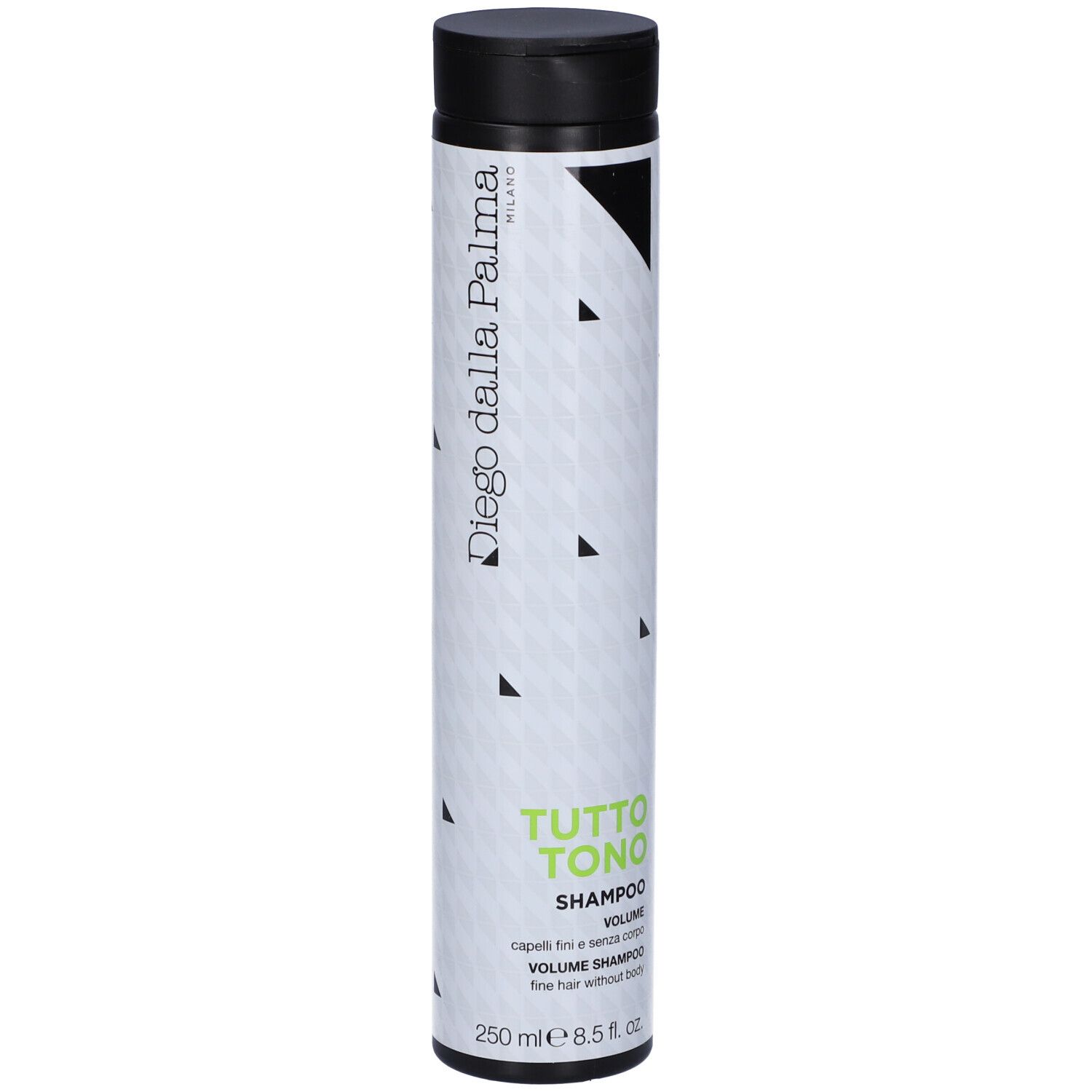 Flacone di shampoo cilindrico, bianco e nero. Scritta: TUTTO TONO, Shampoo Volume. 250 ml.