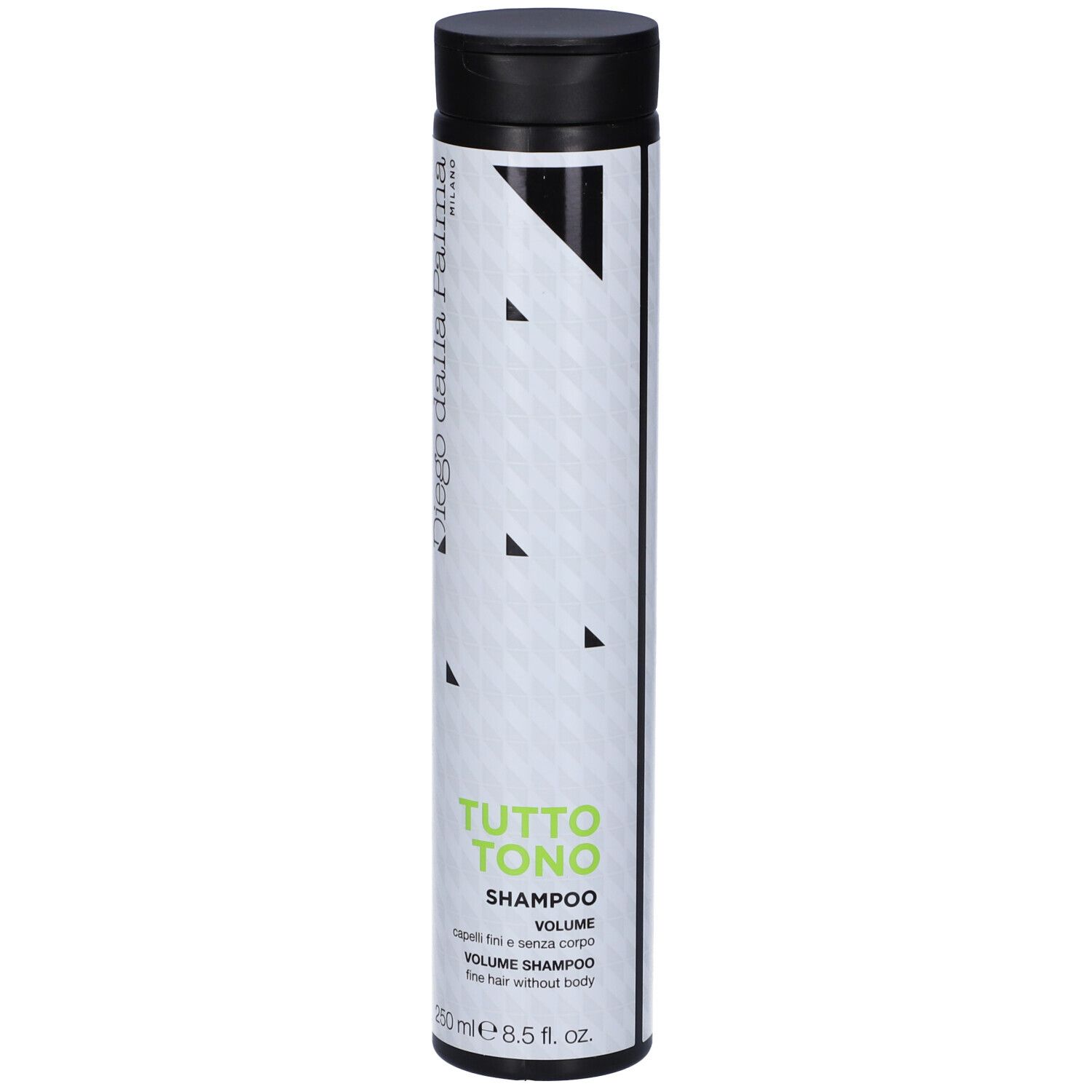 Flacone di shampoo cilindrico, bianco e nero. Scritta: TUTTO TONO, Shampoo Volume. 250 ml.