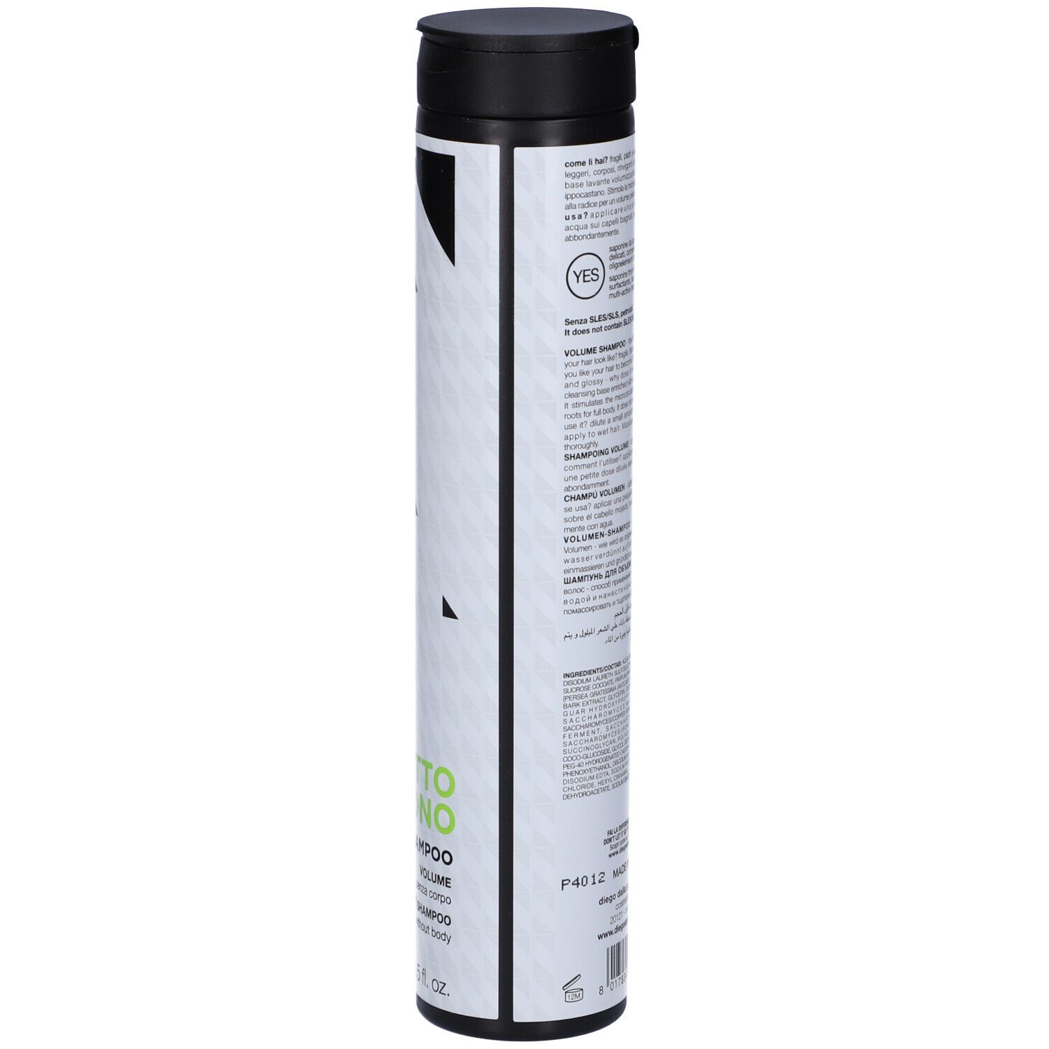 Retro del flacone di shampoo. Testo multilingue. Tappo nero. Sfondo bianco con triangoli neri.