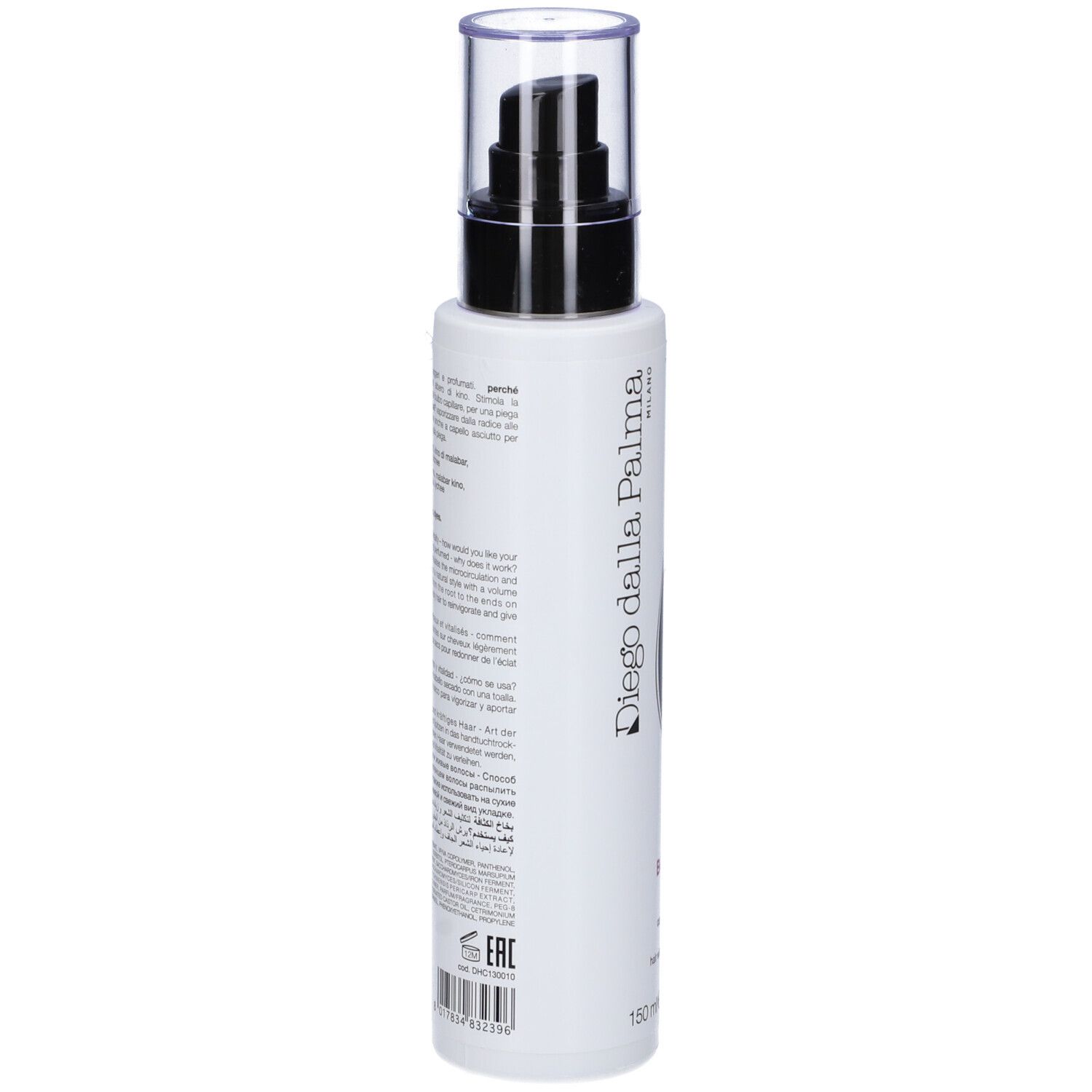 Spray bianco con erogatore nero. Retro con testo. Scritta: Diego dalla Palma Milano, 150 ml.