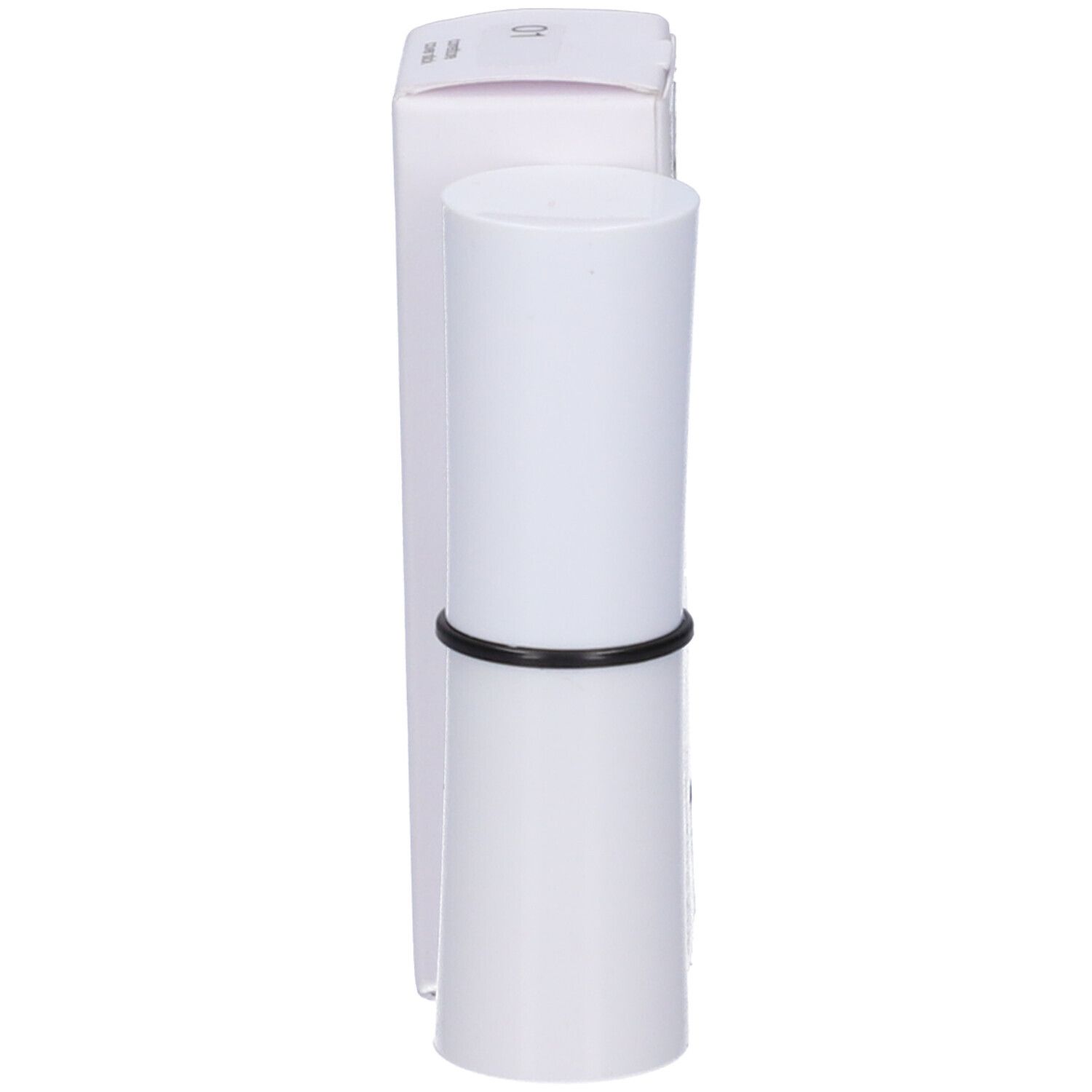Cover Stick bianco e confezione. Lo stick ha un anello nero.