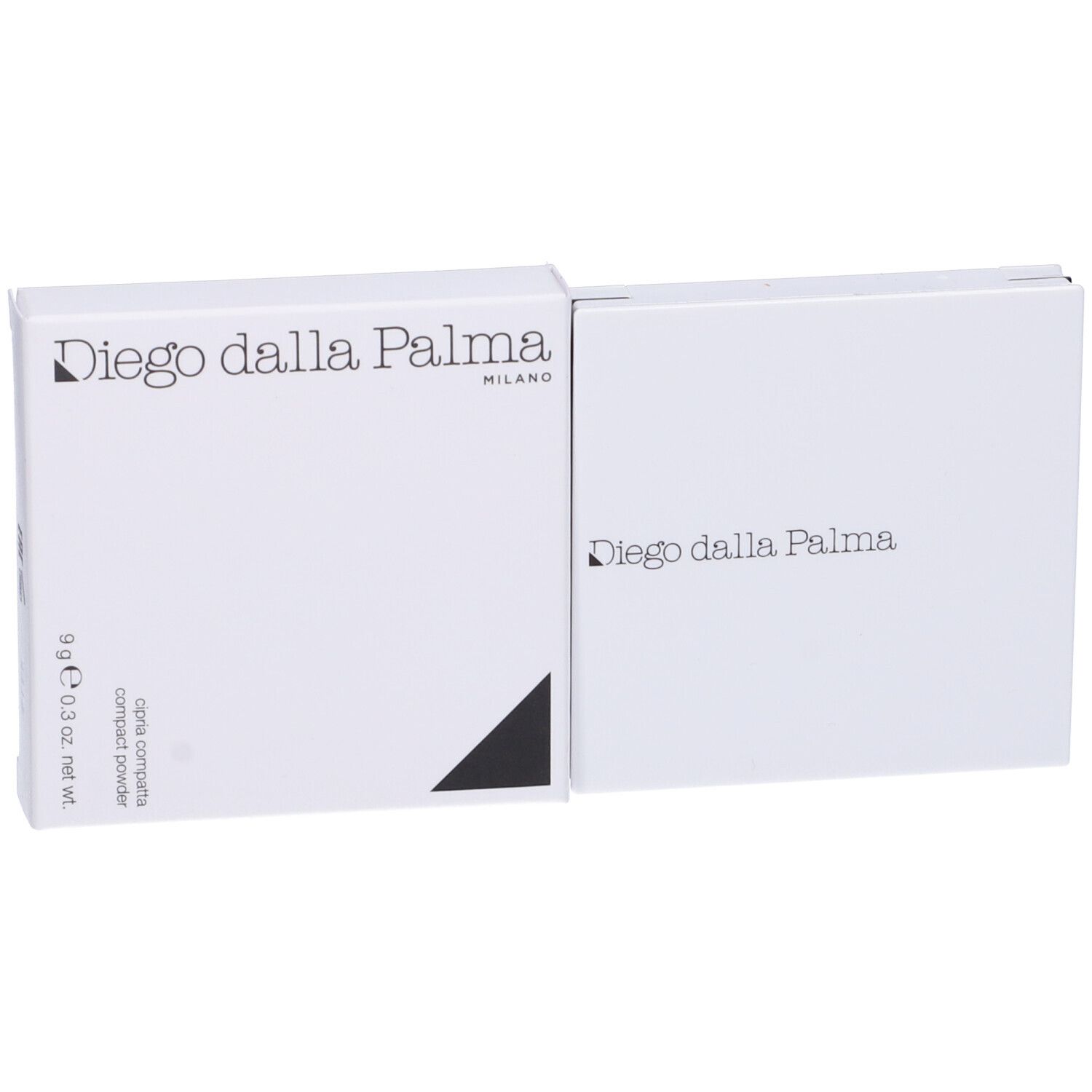 Confezione bianca Diego dalla Palma aperta. Scritta: Cipria Compatta, 9g, Tonalità 12. Logo e triangolo nero.