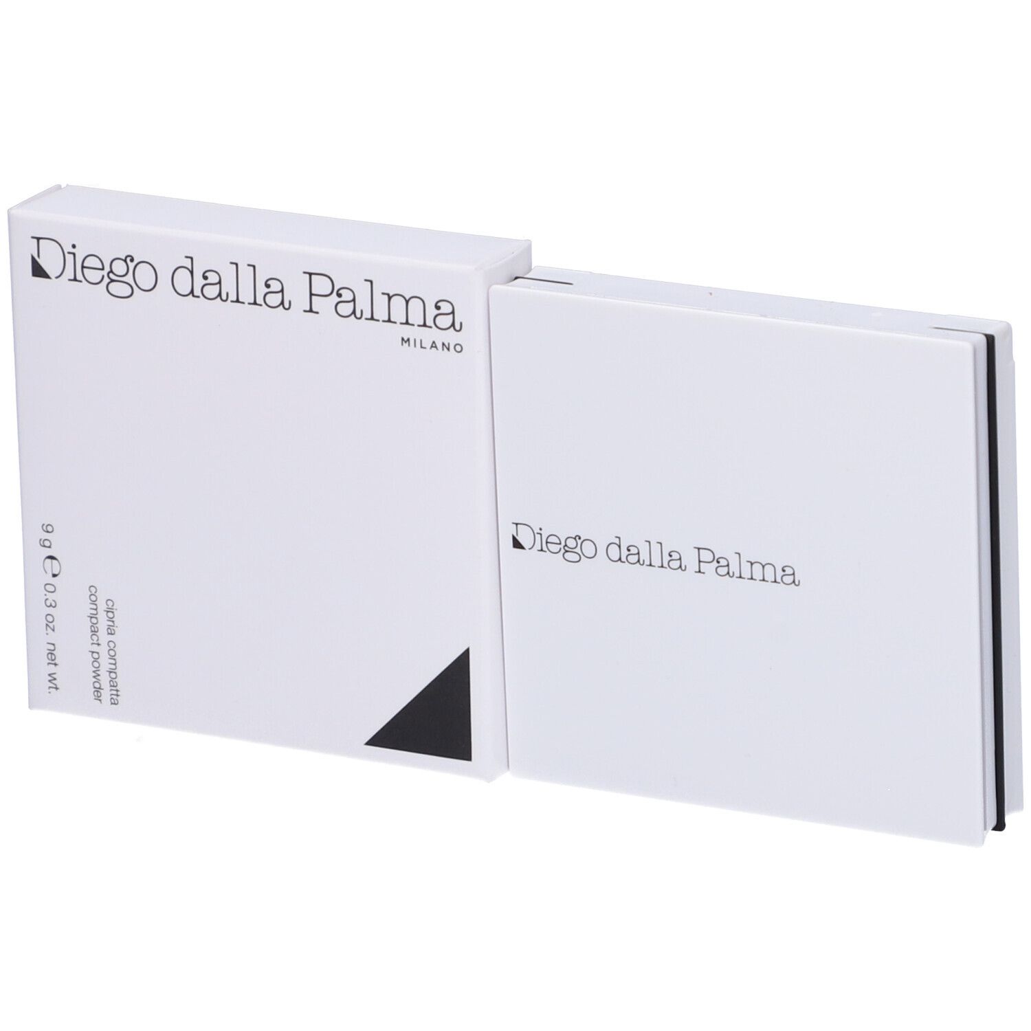 Confezione bianca Diego dalla Palma aperta. Scritta: Cipria Compatta, 9g. Logo e triangolo nero.