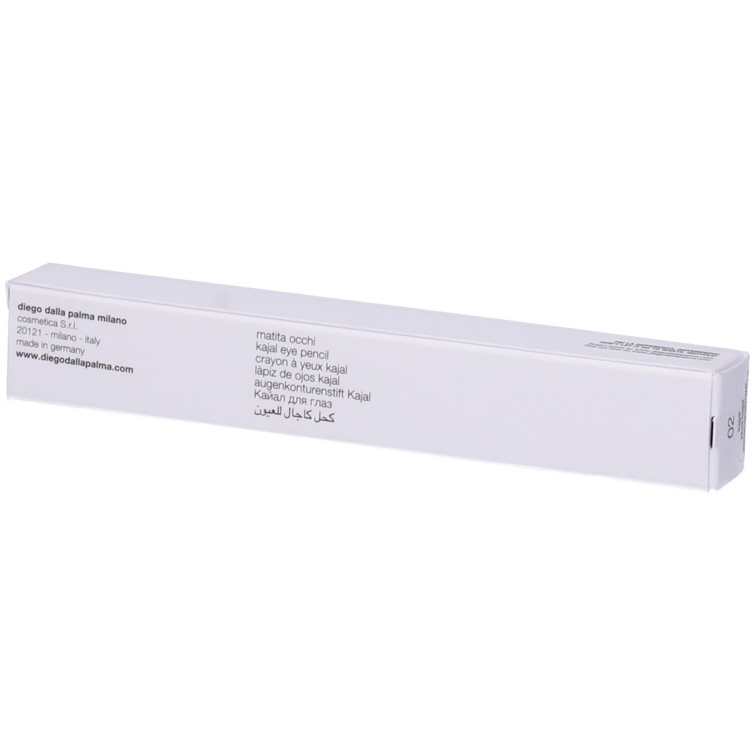 Confezione bianca con nomi di prodotti multilingue. Scritto: Diego dalla Palma. Kajal.