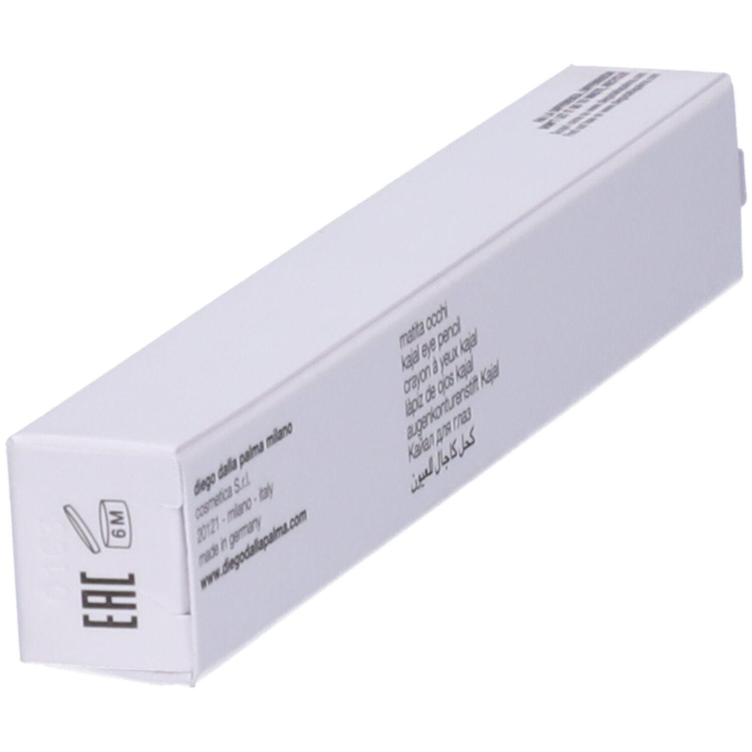 Confezione bianca con logo e nomi di prodotti. Scritto: Diego dalla Palma. Kajal.