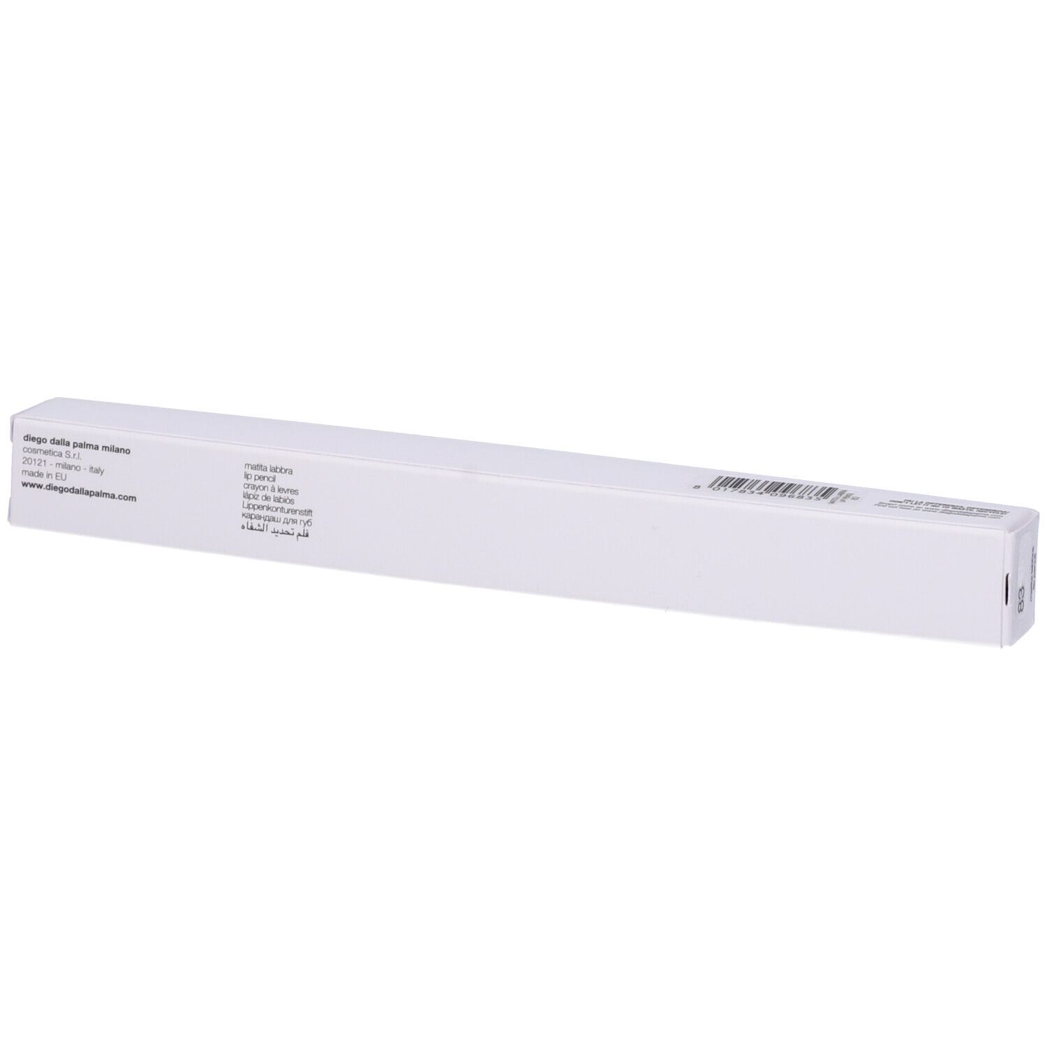 Confezione bianca con informazioni sul prodotto e codice a barre. Scritta: Diego dalla Palma.