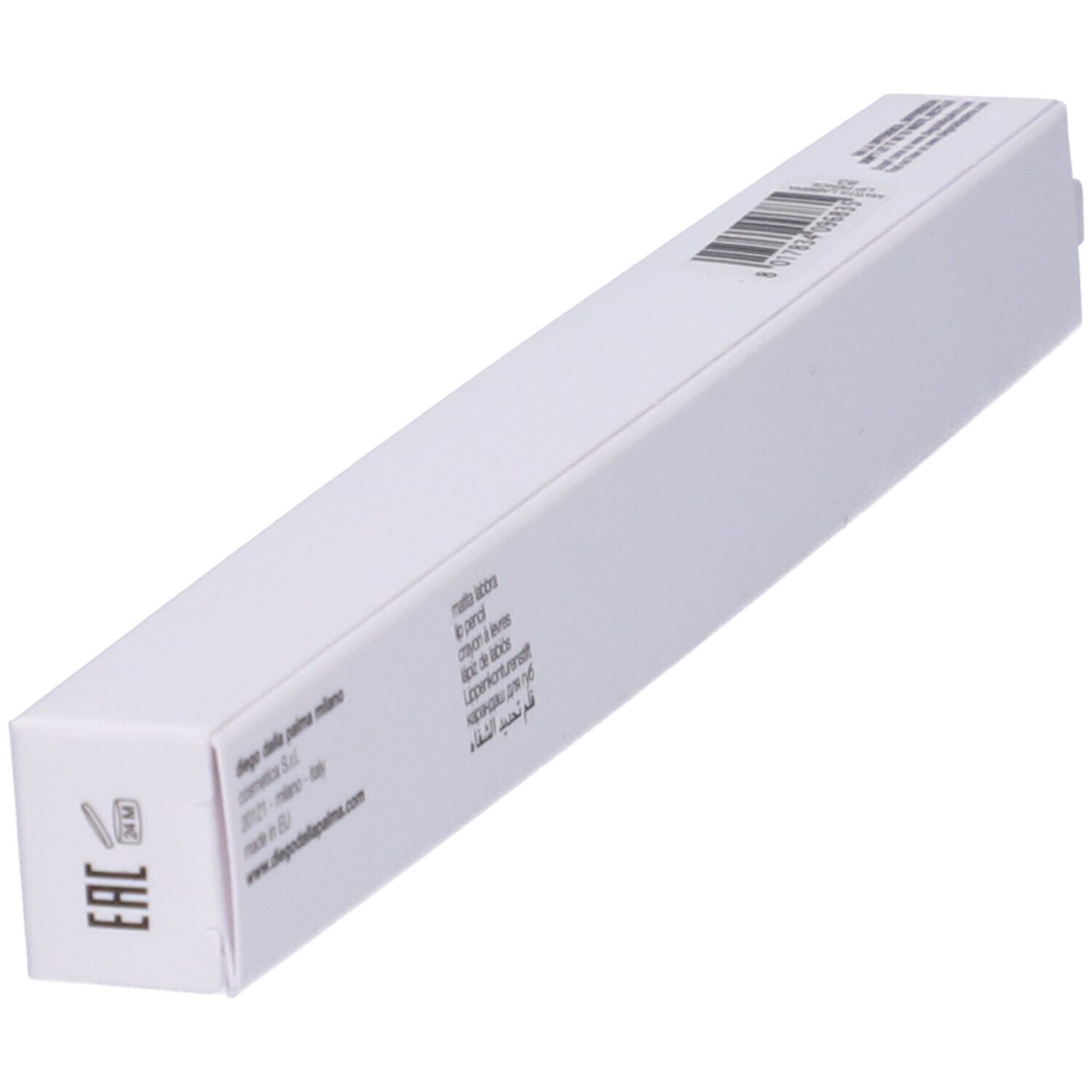 Confezione bianca con informazioni sul prodotto e codice a barre. Scritta: Diego dalla Palma.