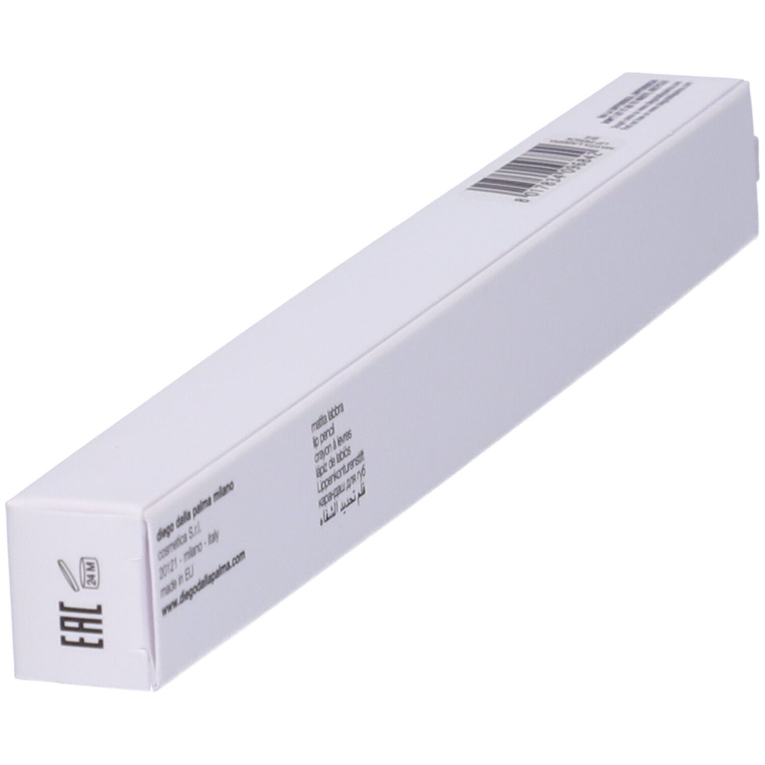 Confezione rettangolare bianca. Testo e codice a barre. Marchio "Diego dalla Palma".