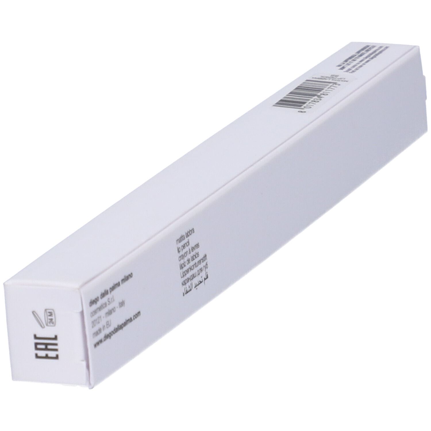 Confezione rettangolare bianca. Stampa con logo, codice a barre e informazioni.