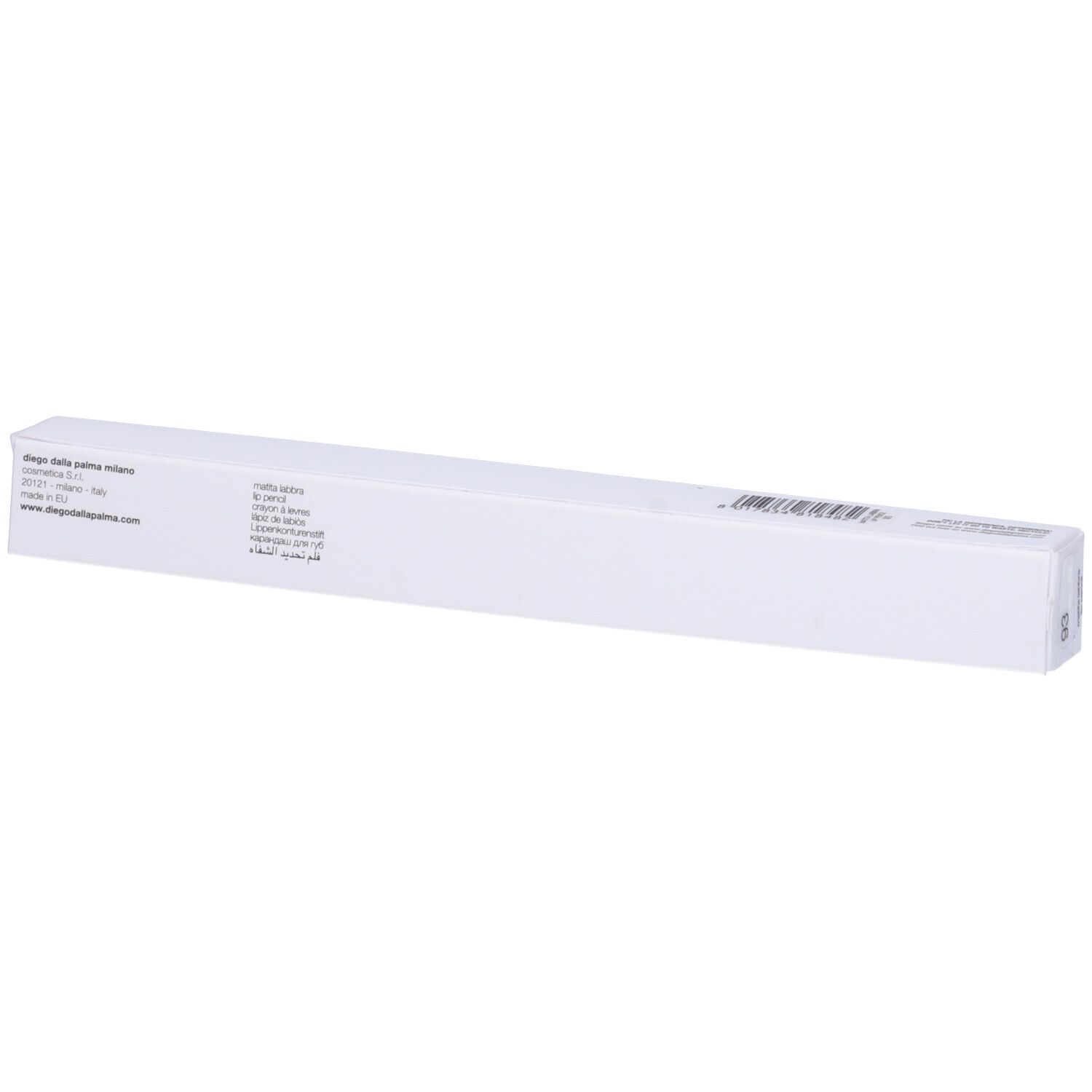Confezione bianca con testo e logo Diego dalla Palma. Codice a barre.