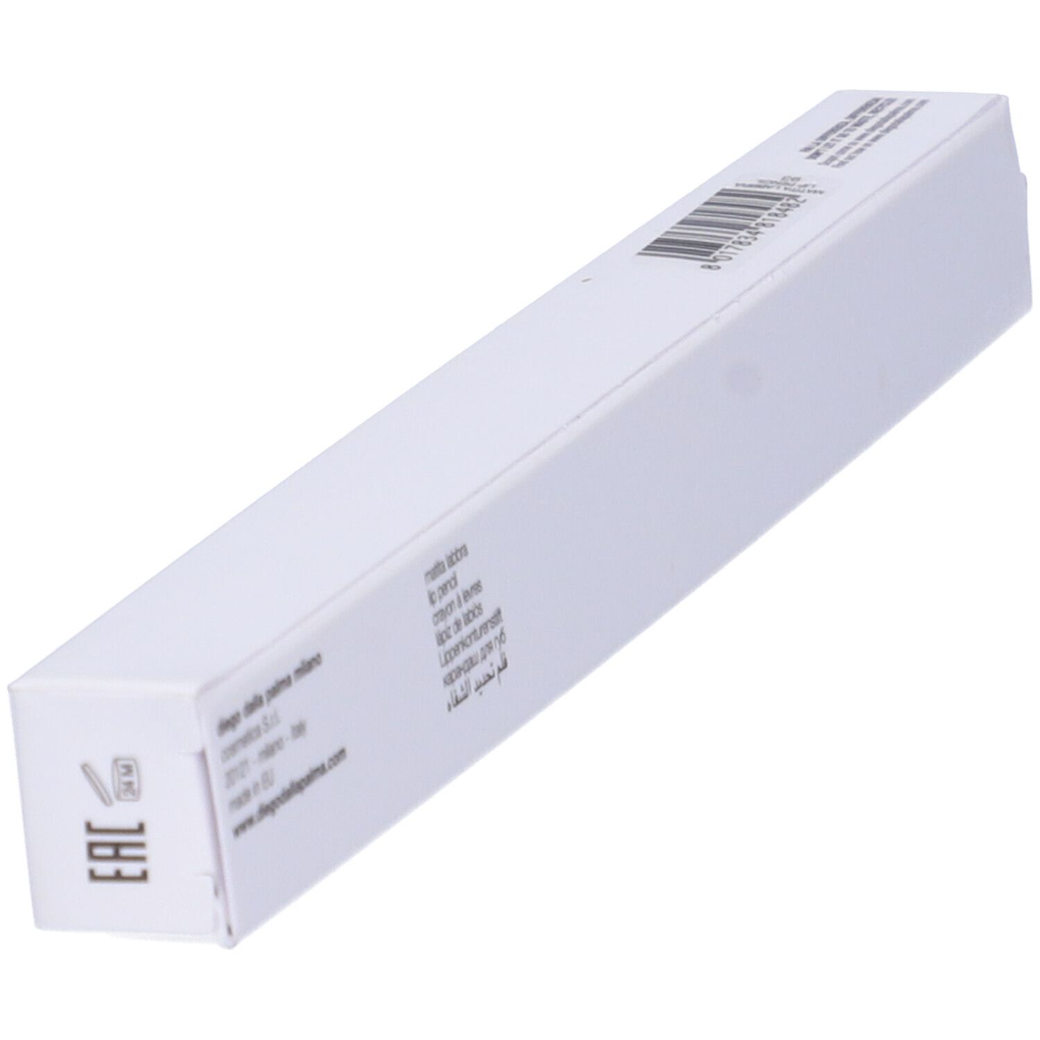 Confezione bianca inclinata. Testo e logo Diego dalla Palma. Codice EAN.