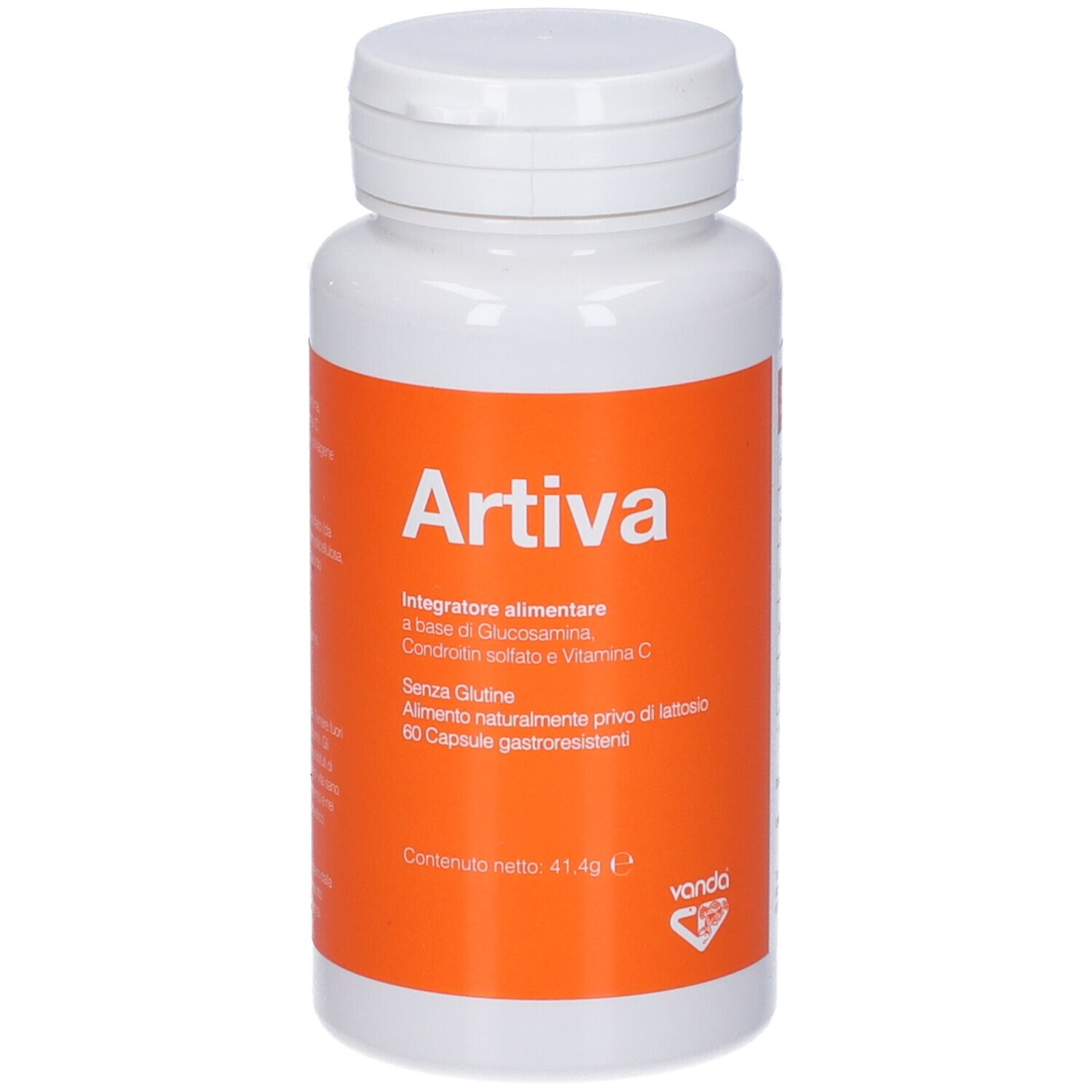 Flacone bianco con tappo bianco. Scritto: Artiva, integratore alimentare. Contiene 60 capsule. Marchio: Vanda.