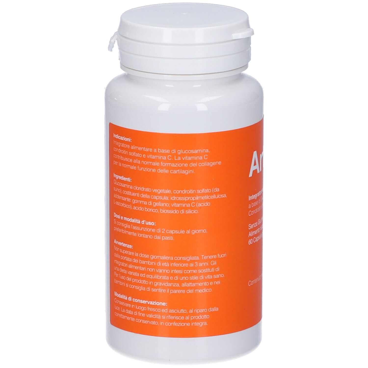Flacone bianco con tappo bianco. Scritto: Artiva, integratore alimentare. Contiene 60 capsule. Marchio: Vanda. Testo arancione.