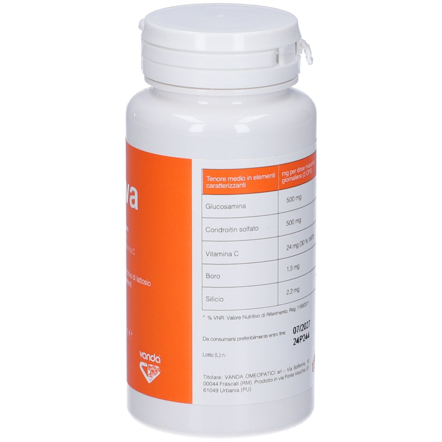 Flacone bianco con tappo bianco. Scritto: Artiva, integratore alimentare. Contiene 60 capsule. Marchio: Vanda. Testo arancione.