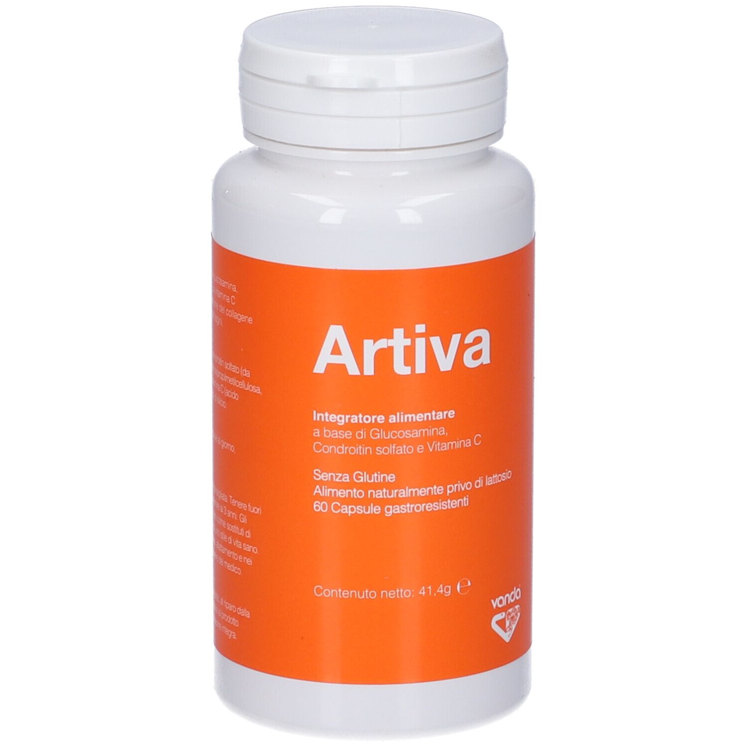 Flacone bianco con etichetta arancione. Testo: Artiva, ingredienti, dosaggio. Marchio: Vanda.
