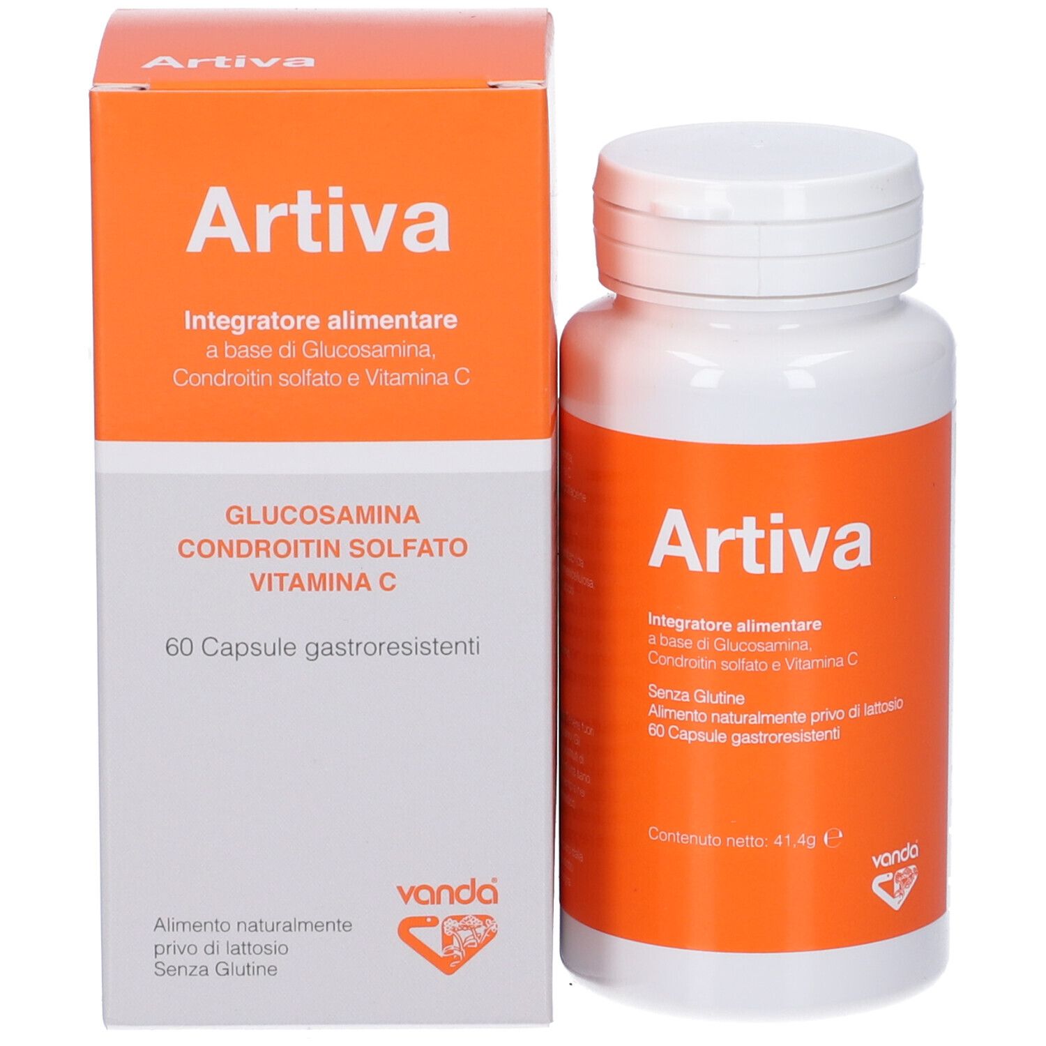 Flacone bianco e scatola arancione. Scritto: Artiva, integratore alimentare. Contiene 60 capsule. Marchio: Vanda.