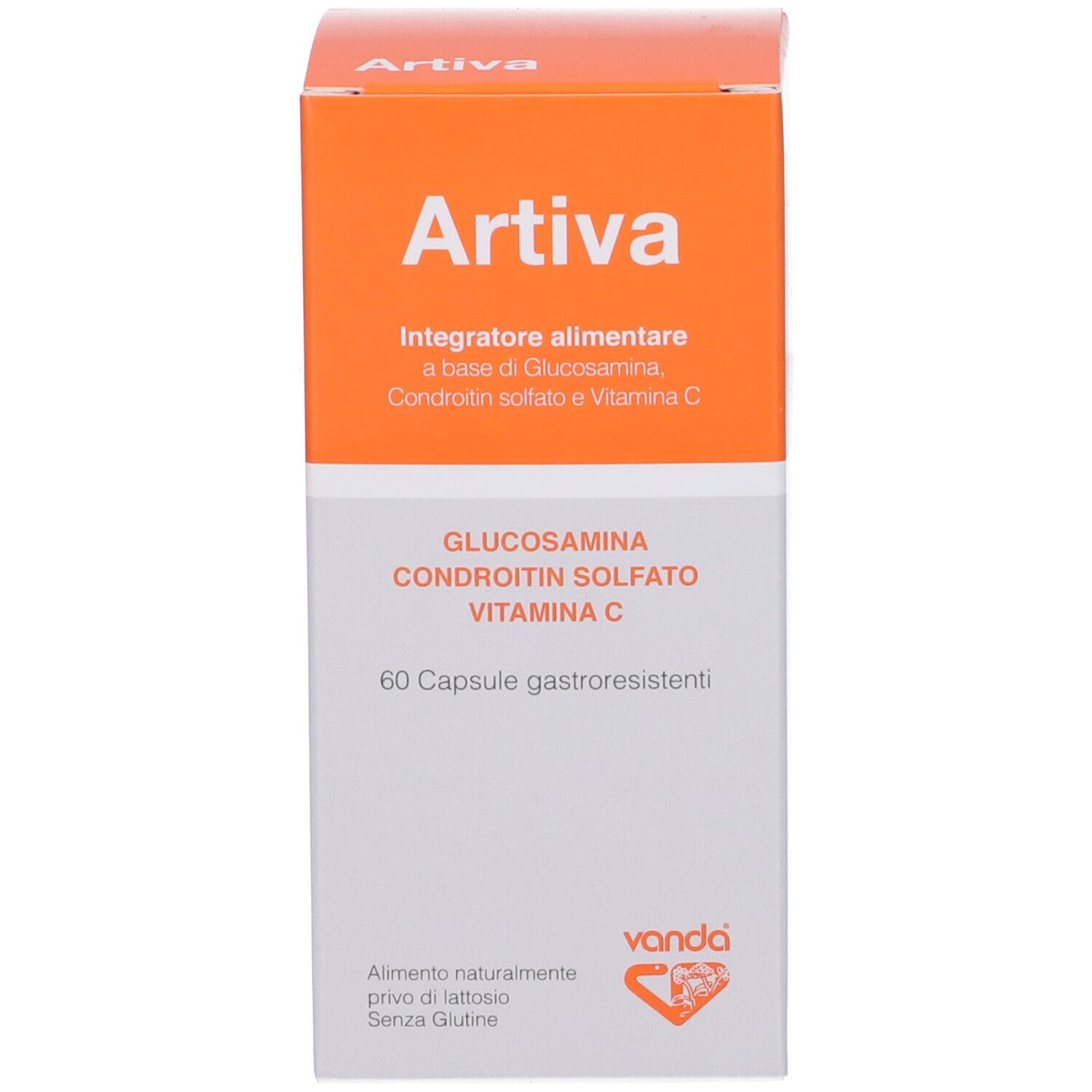 Scatola arancione con testo bianco. Scritto: Artiva, integratore alimentare. Contiene 60 capsule. Marchio: Vanda.