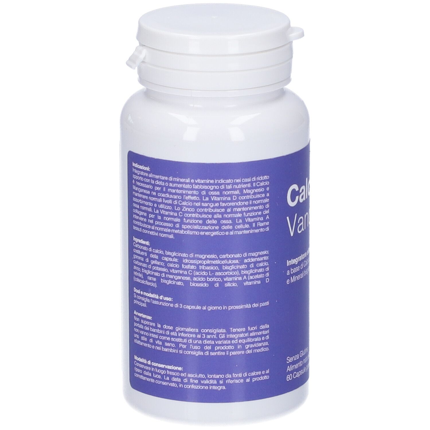 Flacone bianco con tappo. Etichetta con informazioni prodotto. Testo in italiano. 60 capsule.