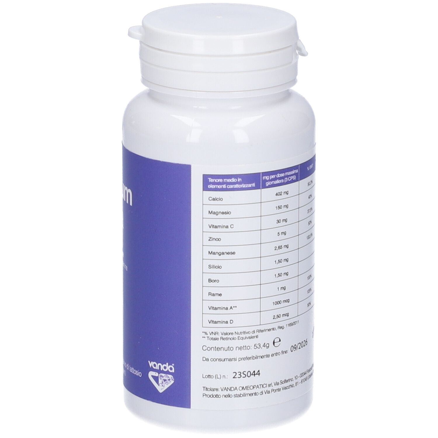 Flacone bianco con tappo. Etichetta con informazioni nutrizionali. Testo in italiano. 60 capsule.