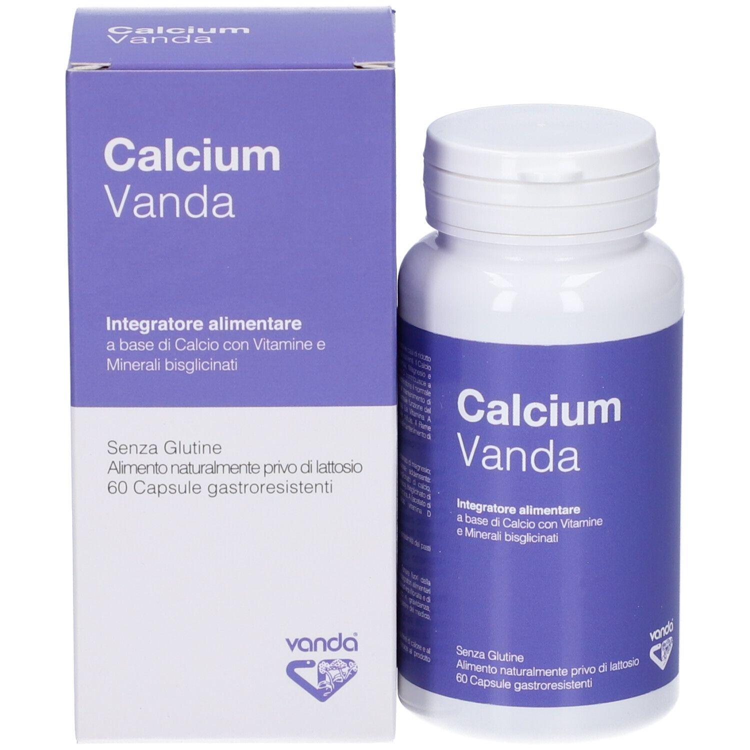 Confezione prodotto con flacone. Scatola e flacone "Calcium Vanda". 60 capsule. Senza glutine, senza lattosio.