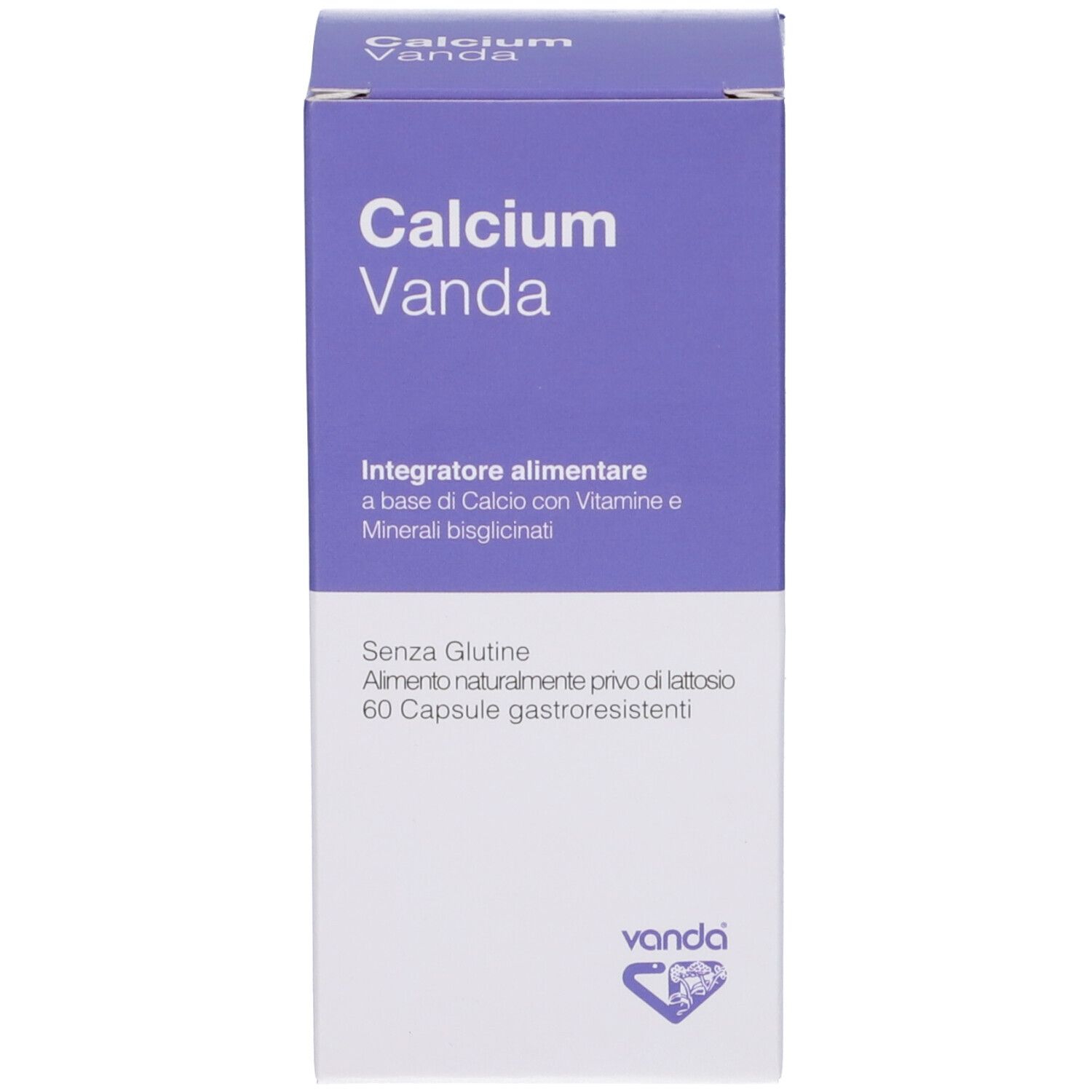 Confezione prodotto. Scatola "Calcium Vanda". 60 capsule. Senza glutine, senza lattosio.