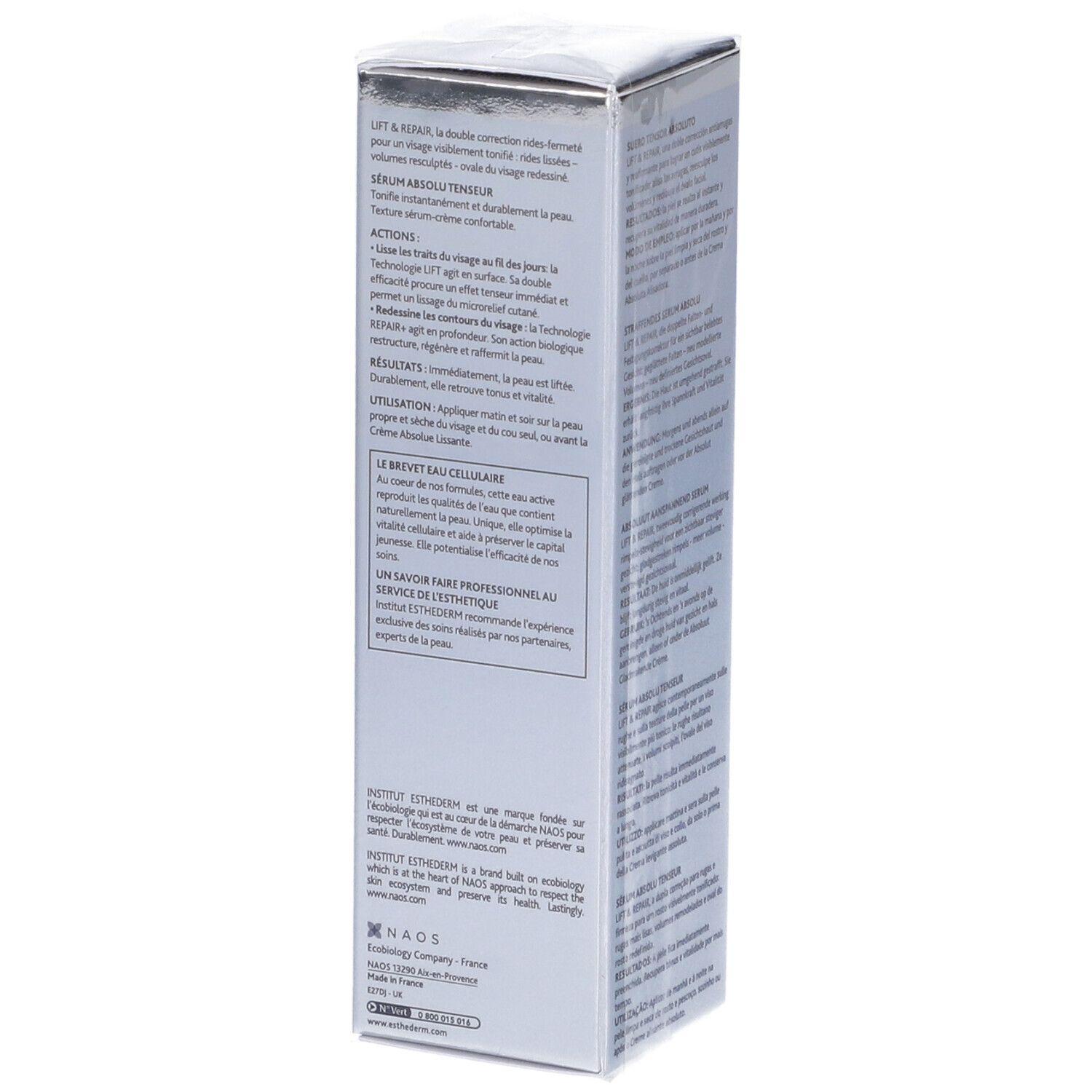 Confezione del prodotto, testo multilingue. "Lift & Repair Sérum Absolu Tenseur". 30ml, 1 FL.OZ.