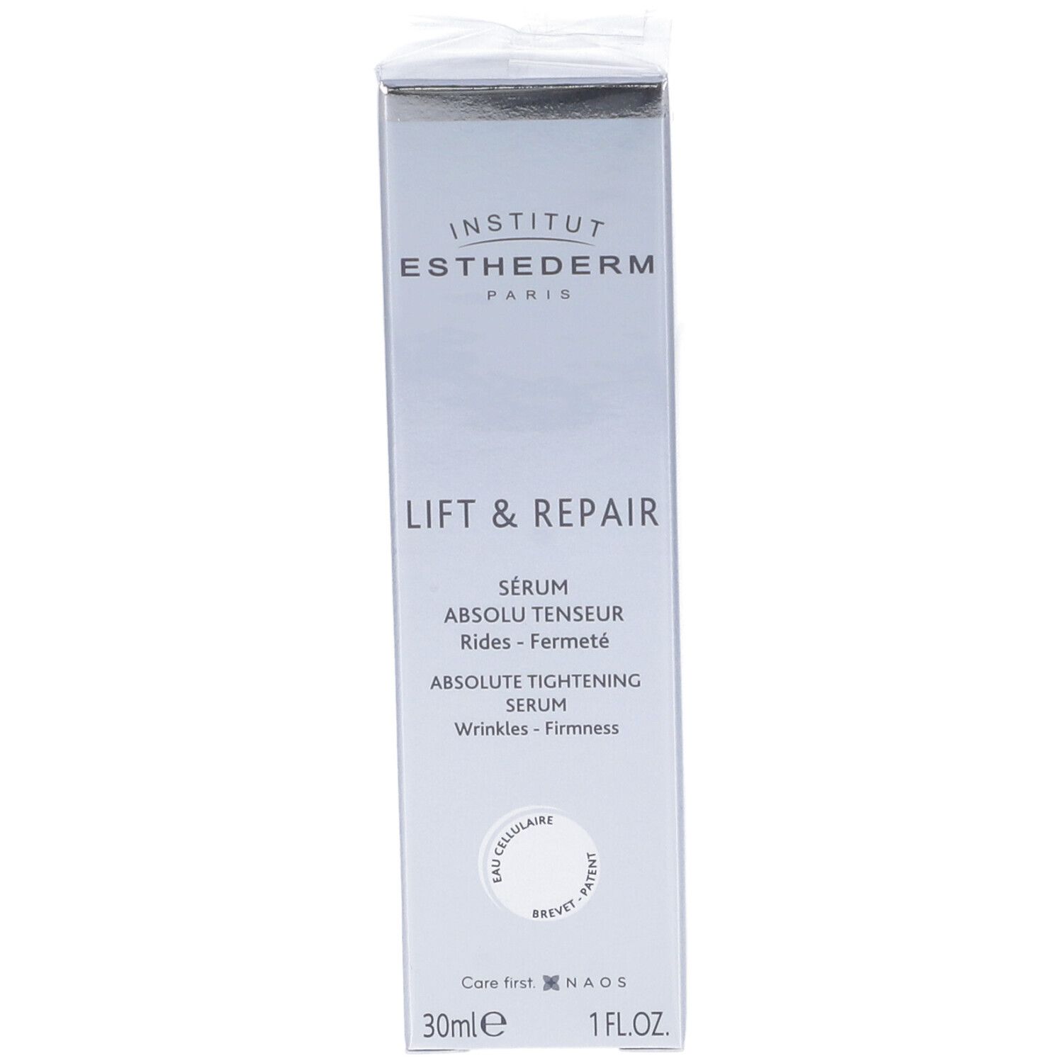 Fronte della confezione del prodotto. "Lift & Repair Sérum Absolu Tenseur". 30ml, 1 FL.OZ. Institut Esthederm Paris.