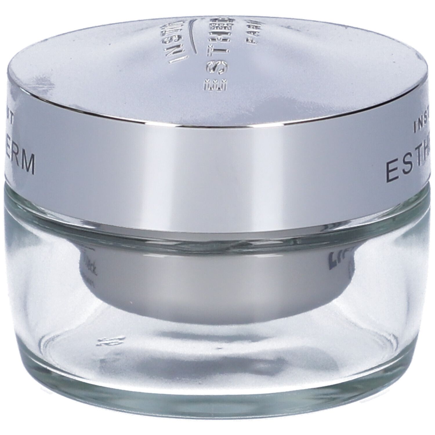 Vasetto di crema in vetro con coperchio argentato. Scritta: Institut Esthederm.