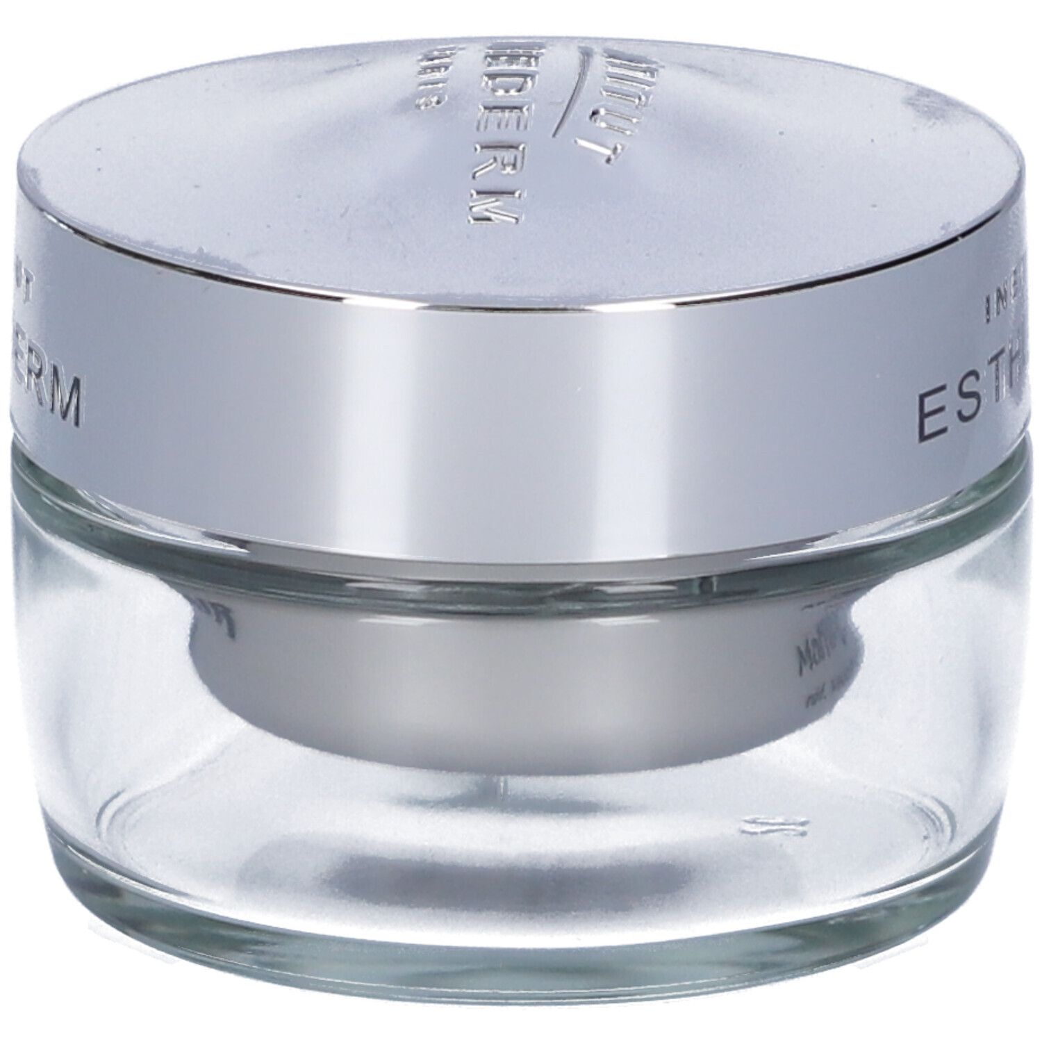 Vasetto di crema in vetro con coperchio argentato. Scritta: Institut Esthederm.