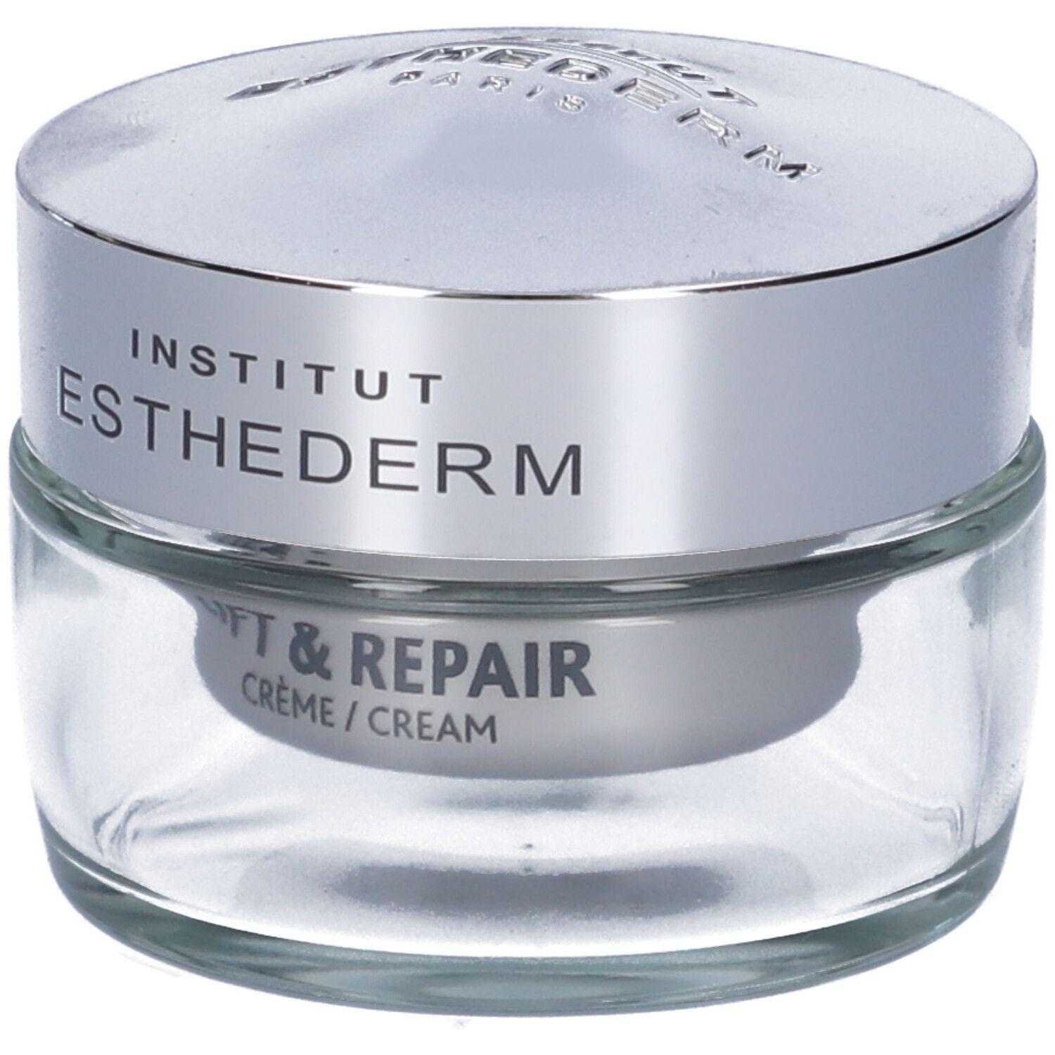 Vasetto di crema in vetro con coperchio argentato. Scritta: Institut Esthederm, Lift & Repair Crème/Cream.