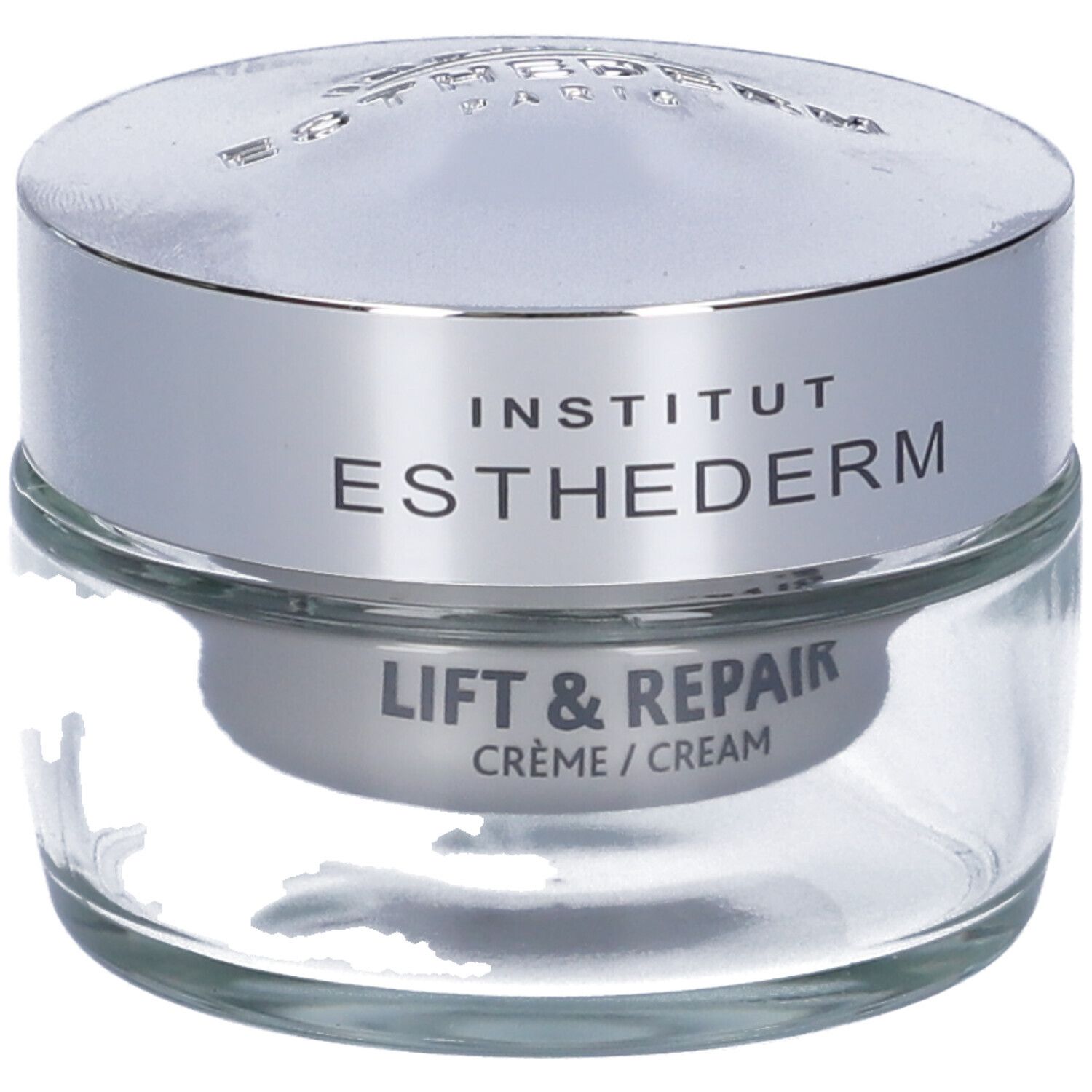 Vasetto di crema in vetro con coperchio argentato. Scritta: Institut Esthederm, Lift & Repair Crème/Cream.