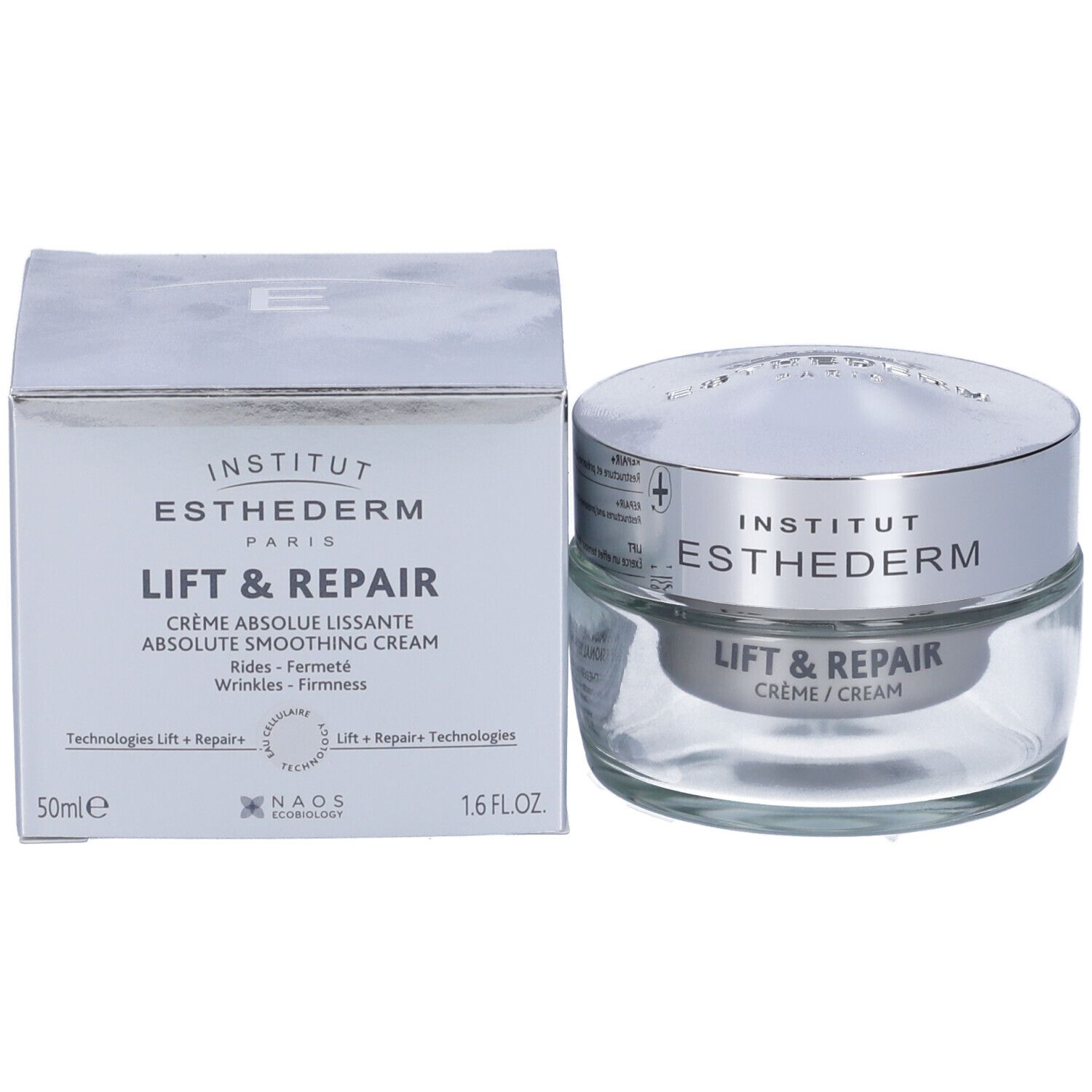Vasetto di crema e scatola. Scritta: Institut Esthederm, Lift & Repair Crème Absolue Lissante.