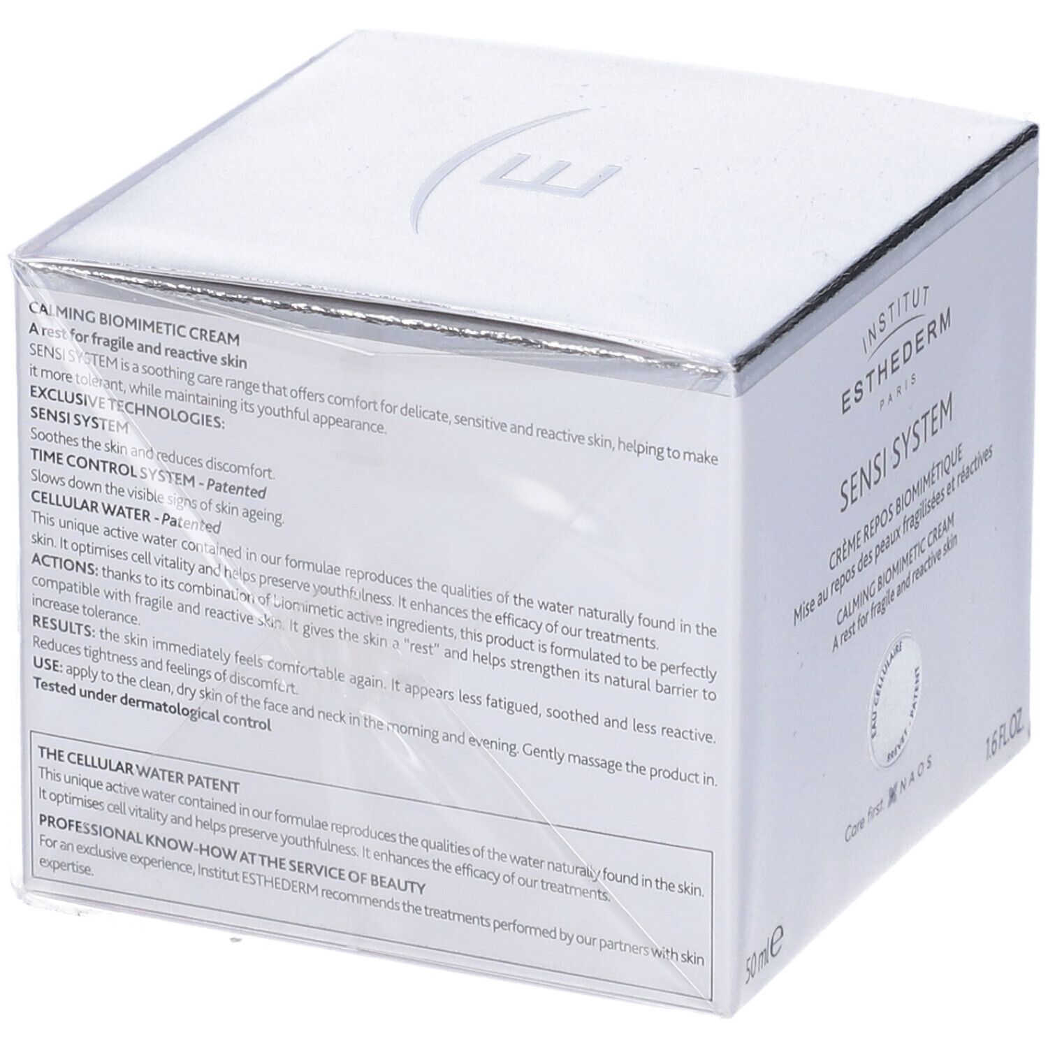 Scatola bianca con informazioni e testo. Marchio: Institut Esthederm. Prodotto: Sensi System Crème Repos Biomimétique.